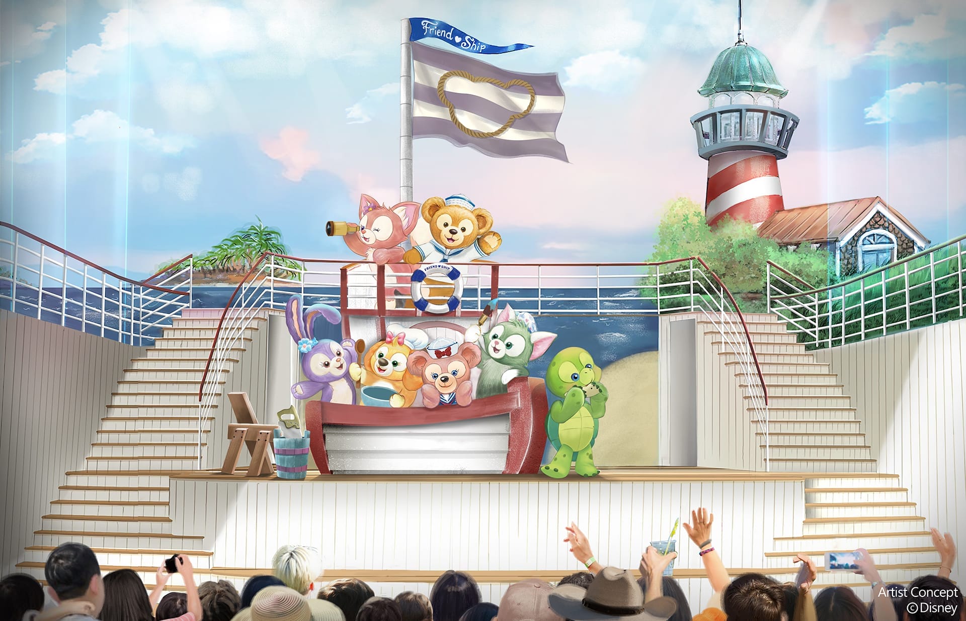 Duffy the Disney Bear, perform on Disney Cruise Line stage as a lighthouse shines behind.