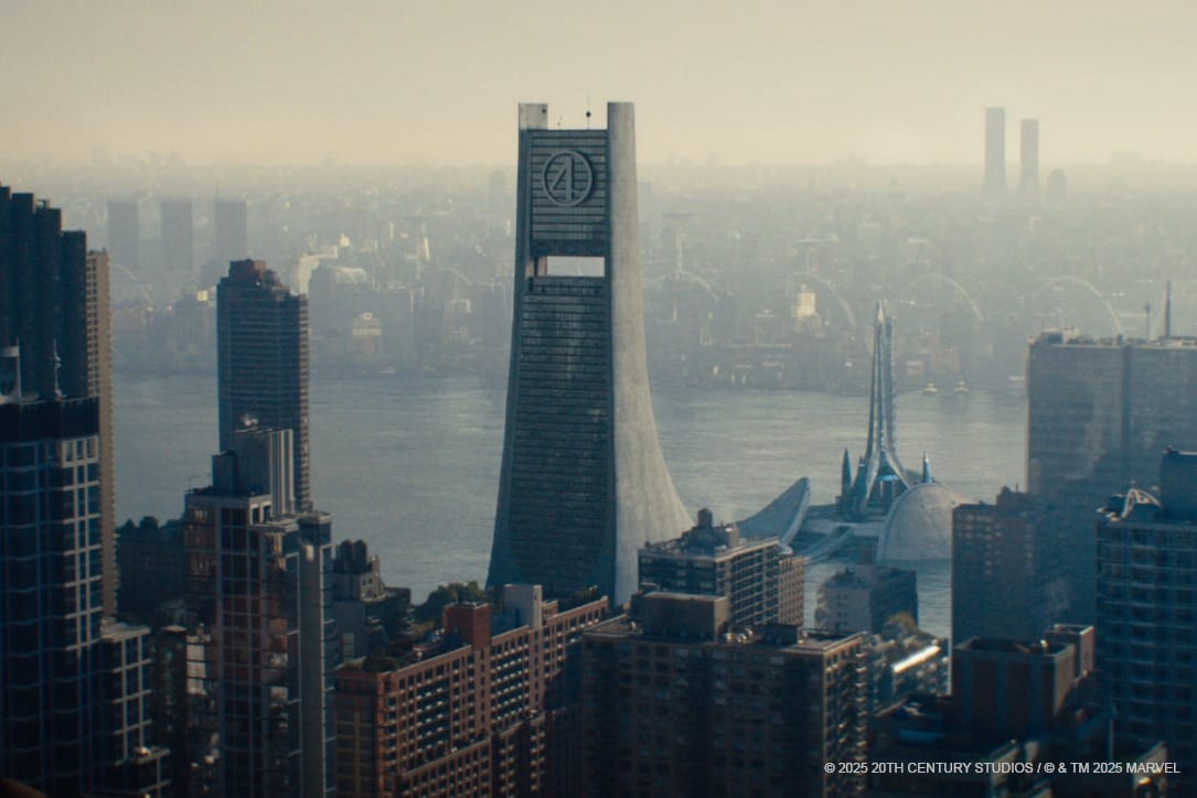 A futuristic skyscraper with a circular logo stands tall among city buildings by a river under a hazy sky.