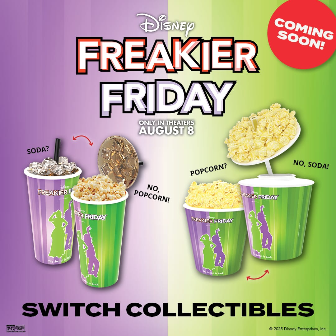 Freaky Friday popcorn bucket against a purple-green background. Text: "Coming Soon! August 8.