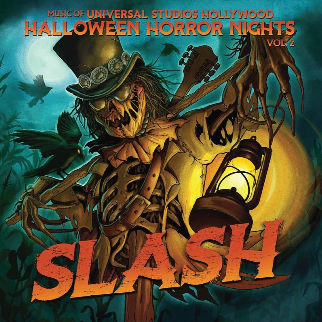 A creepy scarecrow in a top hat holds a lantern, crows circling—"SLASH" in bold red text for Halloween Horror Nights 2025.