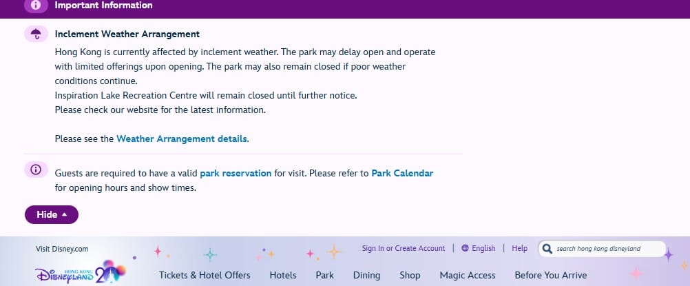 Hong Kong Disneyland notice: Tropical Storm update & reservation info for July 20—see links for latest and park calendar.
