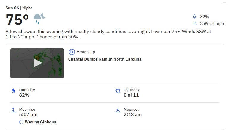 Weather forecast: 75°F at night, cloudy, 32% rain chance, SSW wind; severe weather may impact flights to Orlando.
