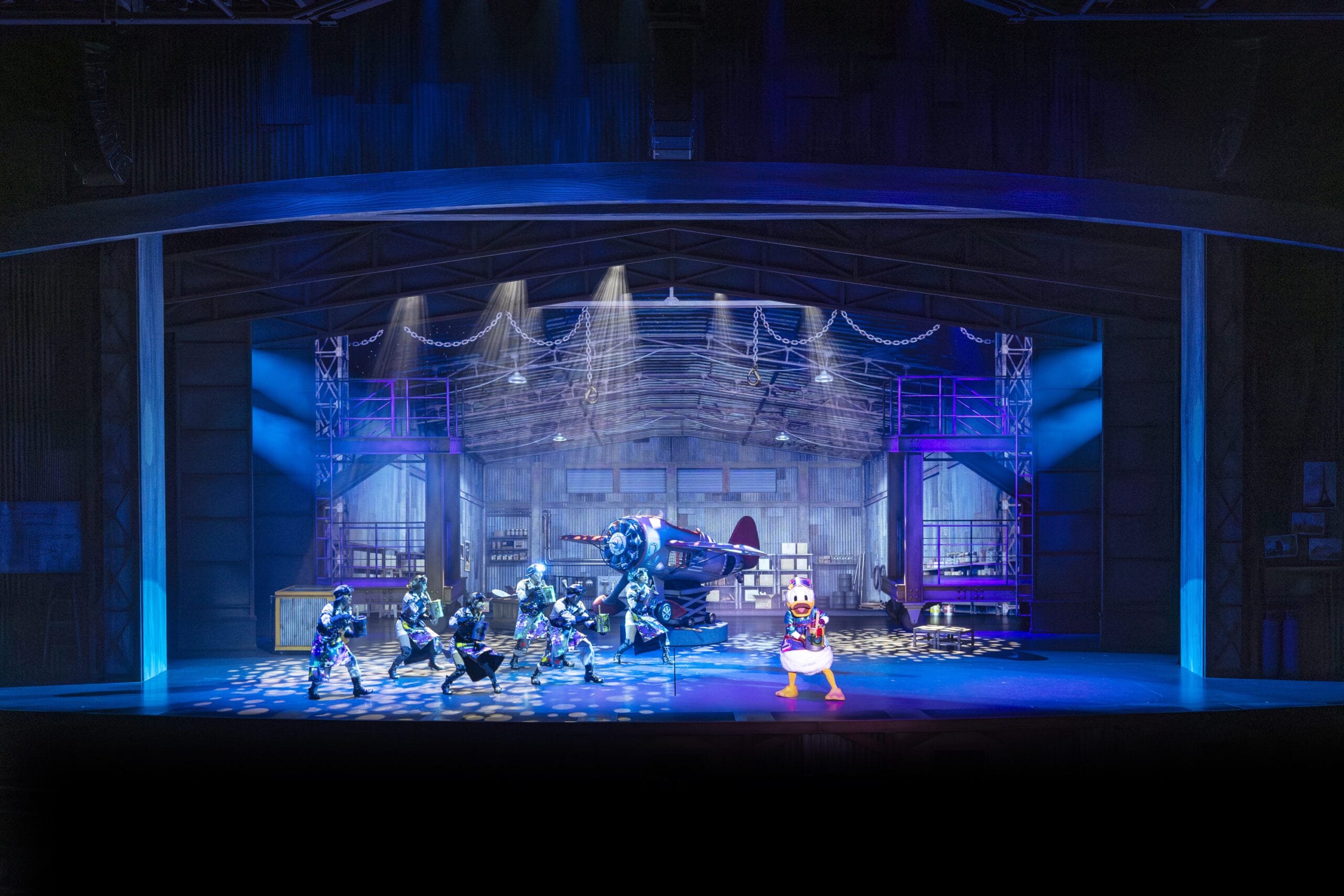 Donald Duck and dancers dazzle as dreams take flight on a brightly lit stage at Tokyo DisneySea.