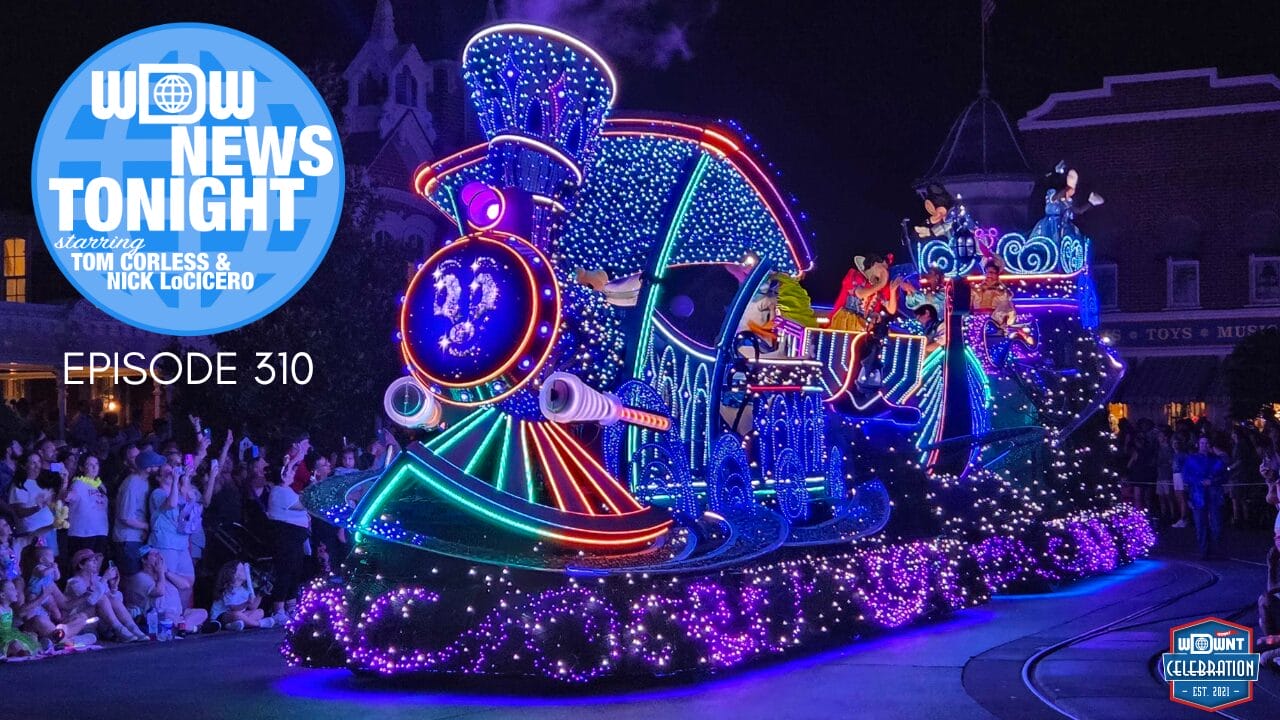 A vibrant, illuminated parade float shaped like a train celebrates Disneyland 70th Anniversary with "Wow News Tonight" overlayed.