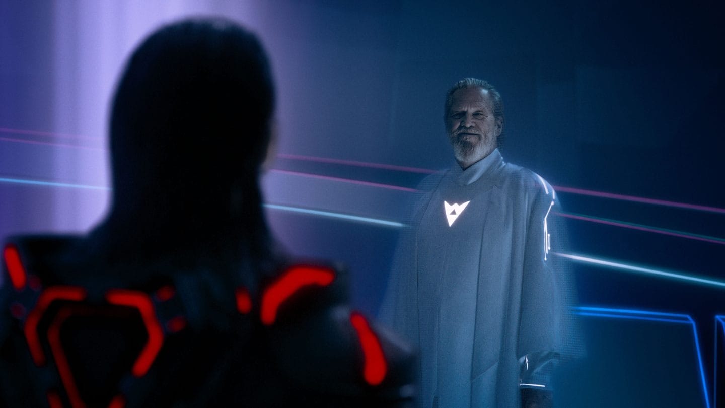 A man in glowing white clothing faces a figure in black with red lights in a futuristic, neon-lit setting.