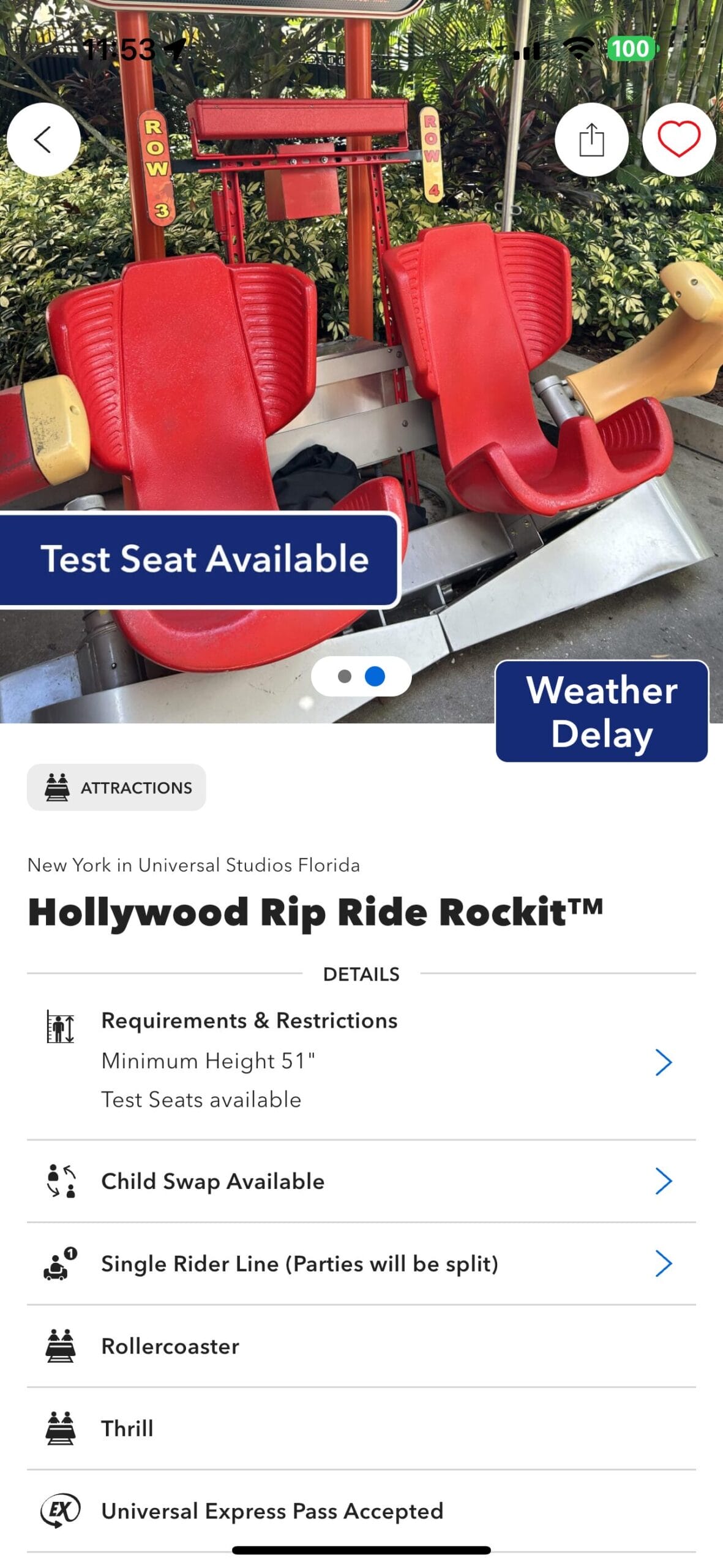 Red roller coaster test seats with safety harnesses at Universal Studios Florida’s Hollywood Rip Ride Rockit ride.