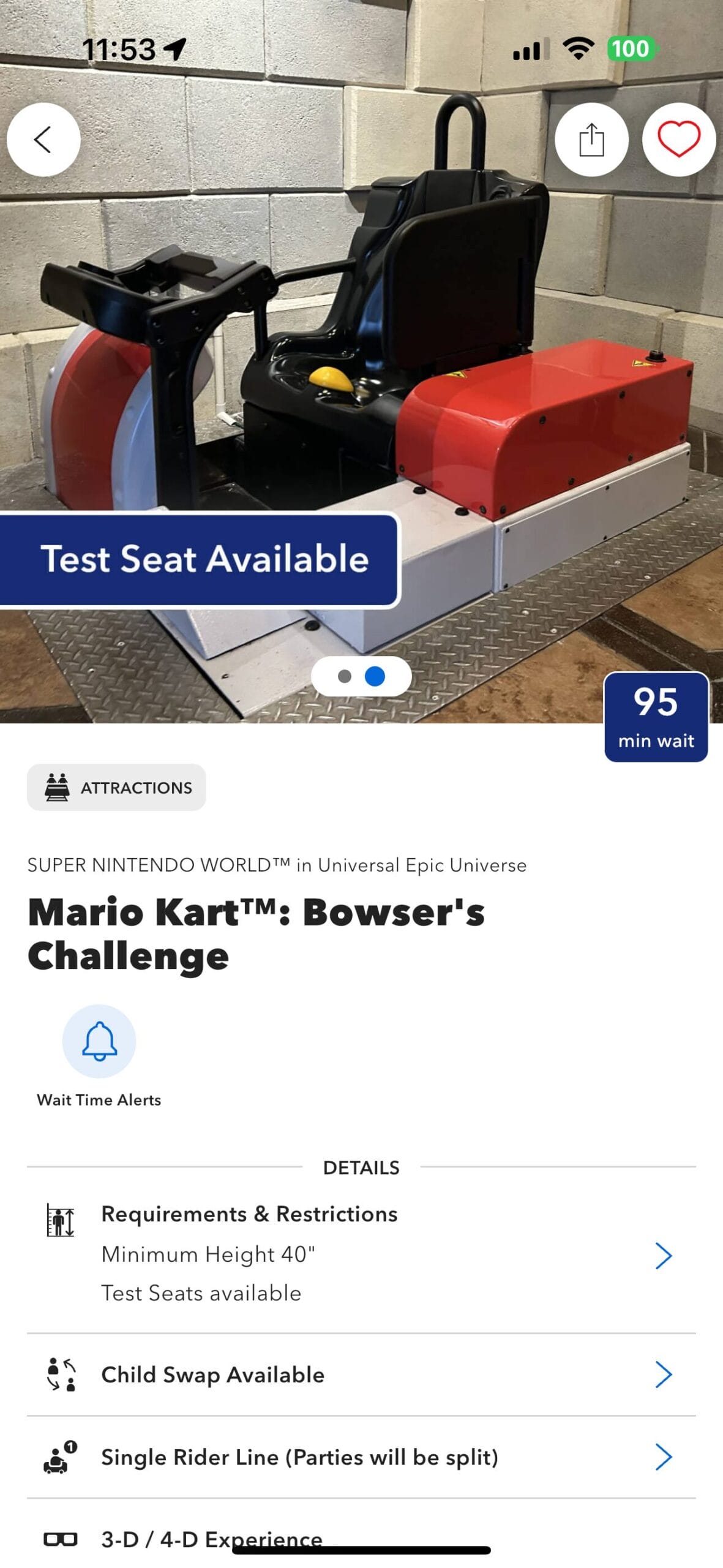Test seat for Mario Kart: Bowser’s Challenge ride at Universal Epic Universe, with a 95-minute wait time shown.