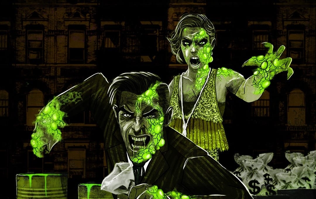 Two people with glowing green sores menace a dark building in the Mutations Toxic Twenties Scare Zone.