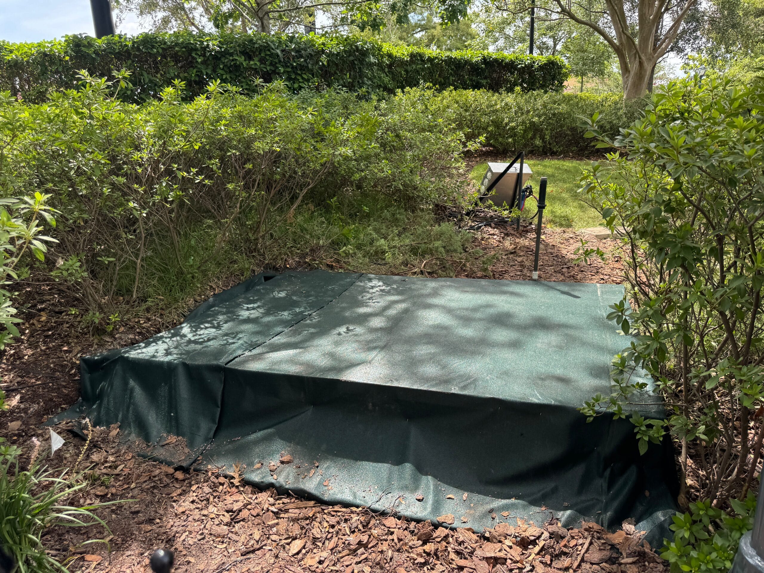 A green tarp covers a rectangular object, hinting at Scare Zone prep amid bushes and trees in a landscaped area.