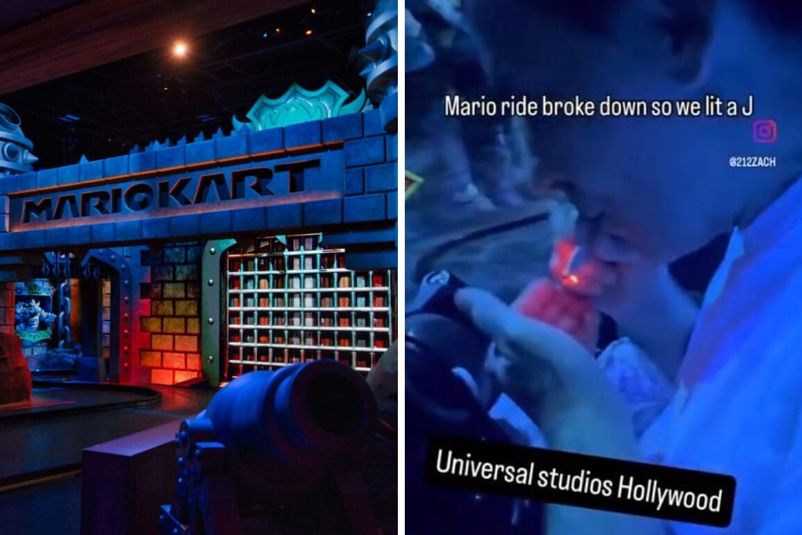 Left: Mario Kart ride entrance; Right: Person lighting weed, text says "Mario ride broke down... Universal Studios Hollywood.