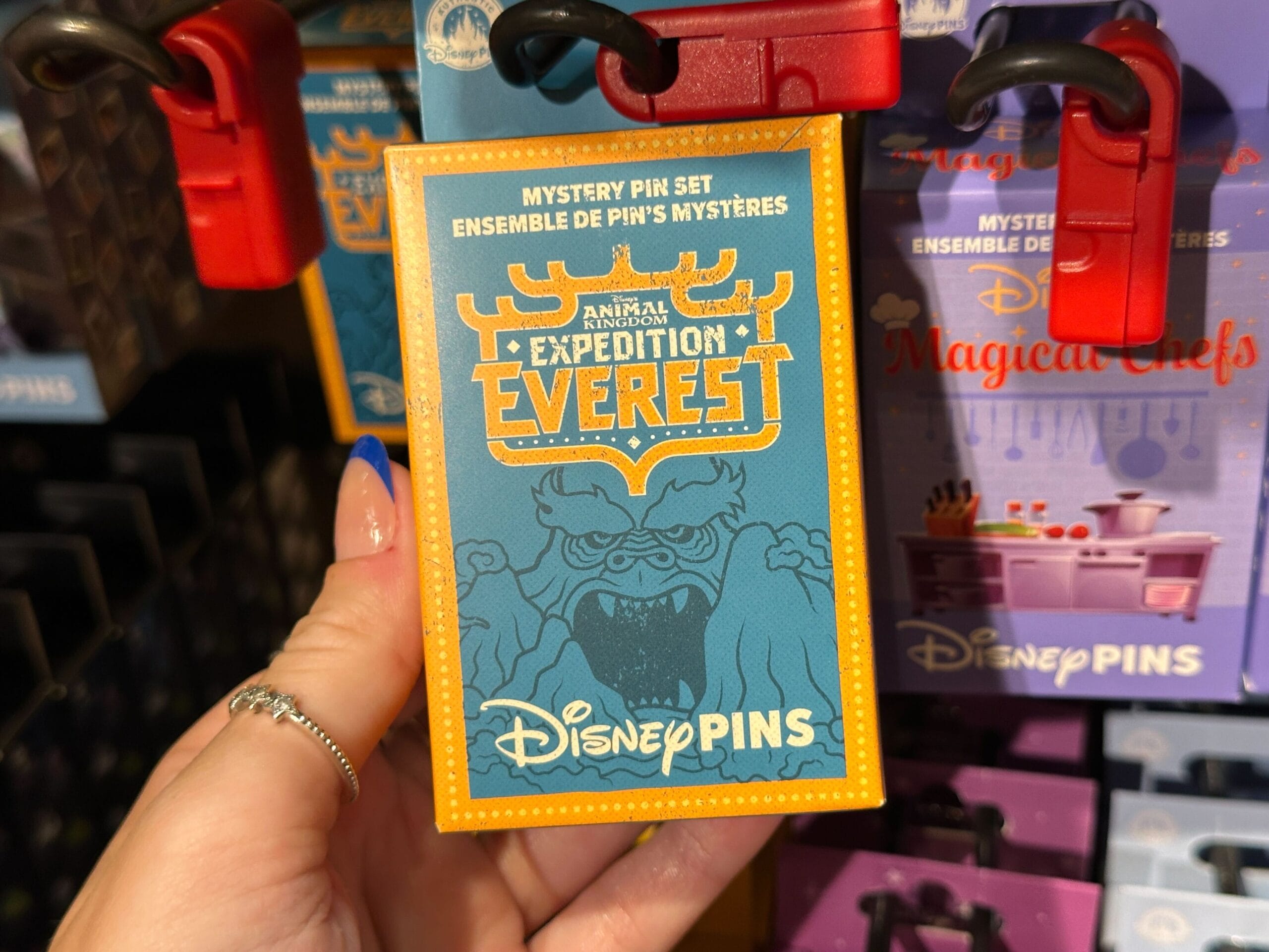 A hand holds a Disney "Expedition Everest" mystery pin set box with a yeti illustration on the front.