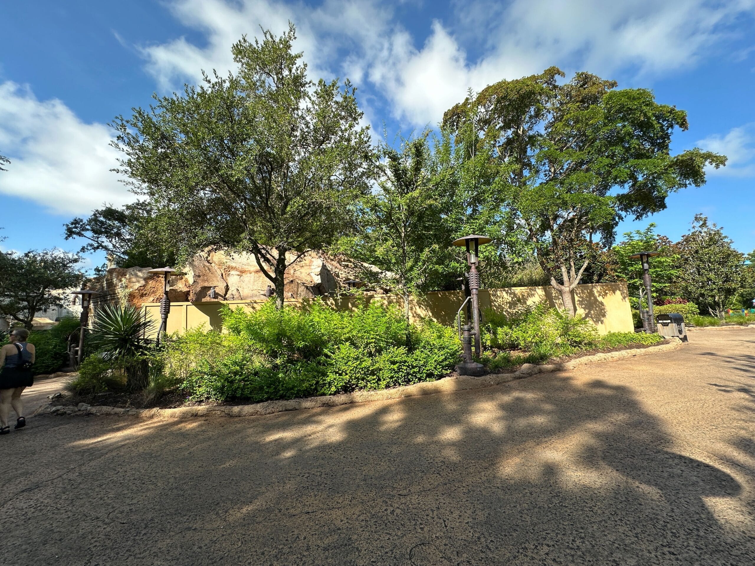 A sunlit pathway curves by lush greenery and new construction walls under a partly cloudy sky at Disney's Hollywood Studios.
