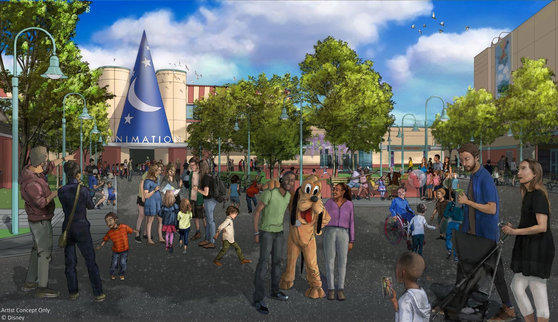 A lively crowd, families, and children gather near an animation studio with a large sorcerer’s hat and Pluto mascot.