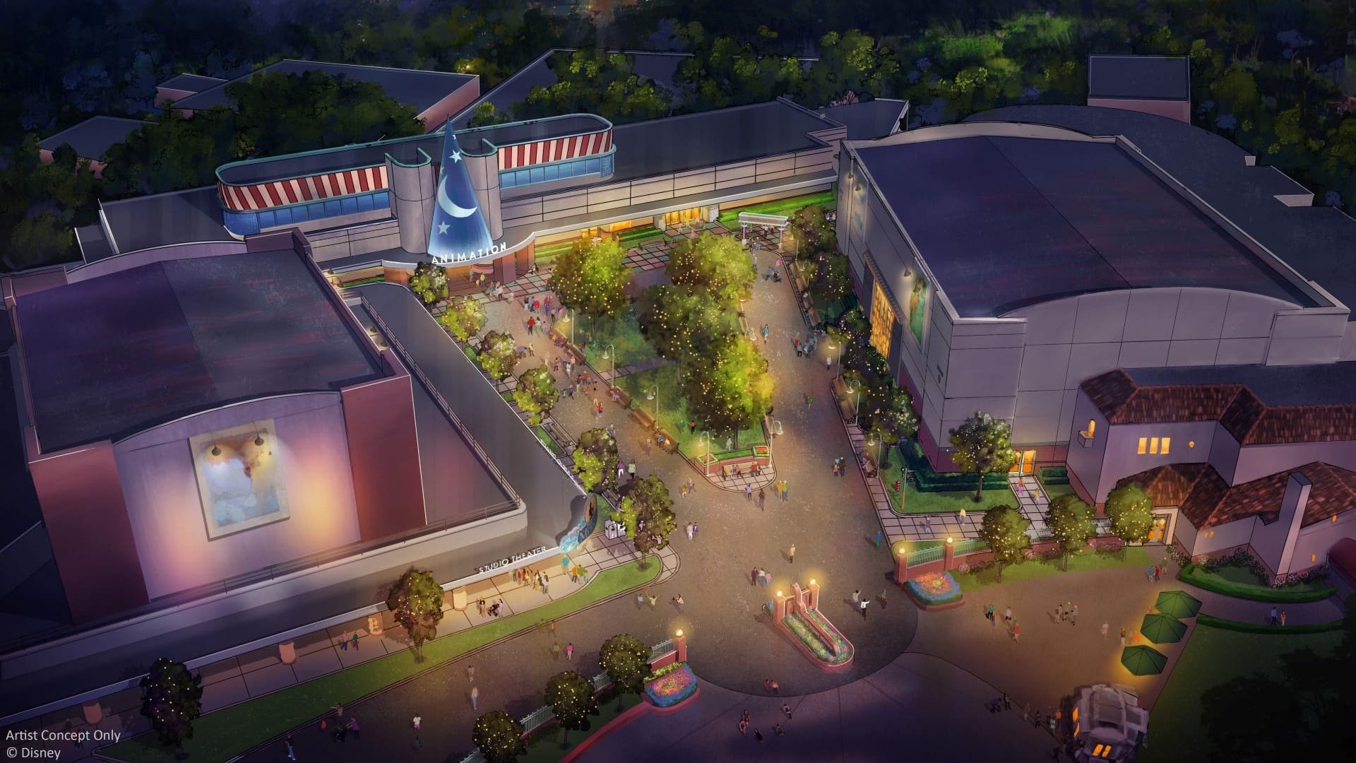 Aerial view of a themed plaza with trees, pathways, and large buildings, including one with a blue sorcerer’s hat.
