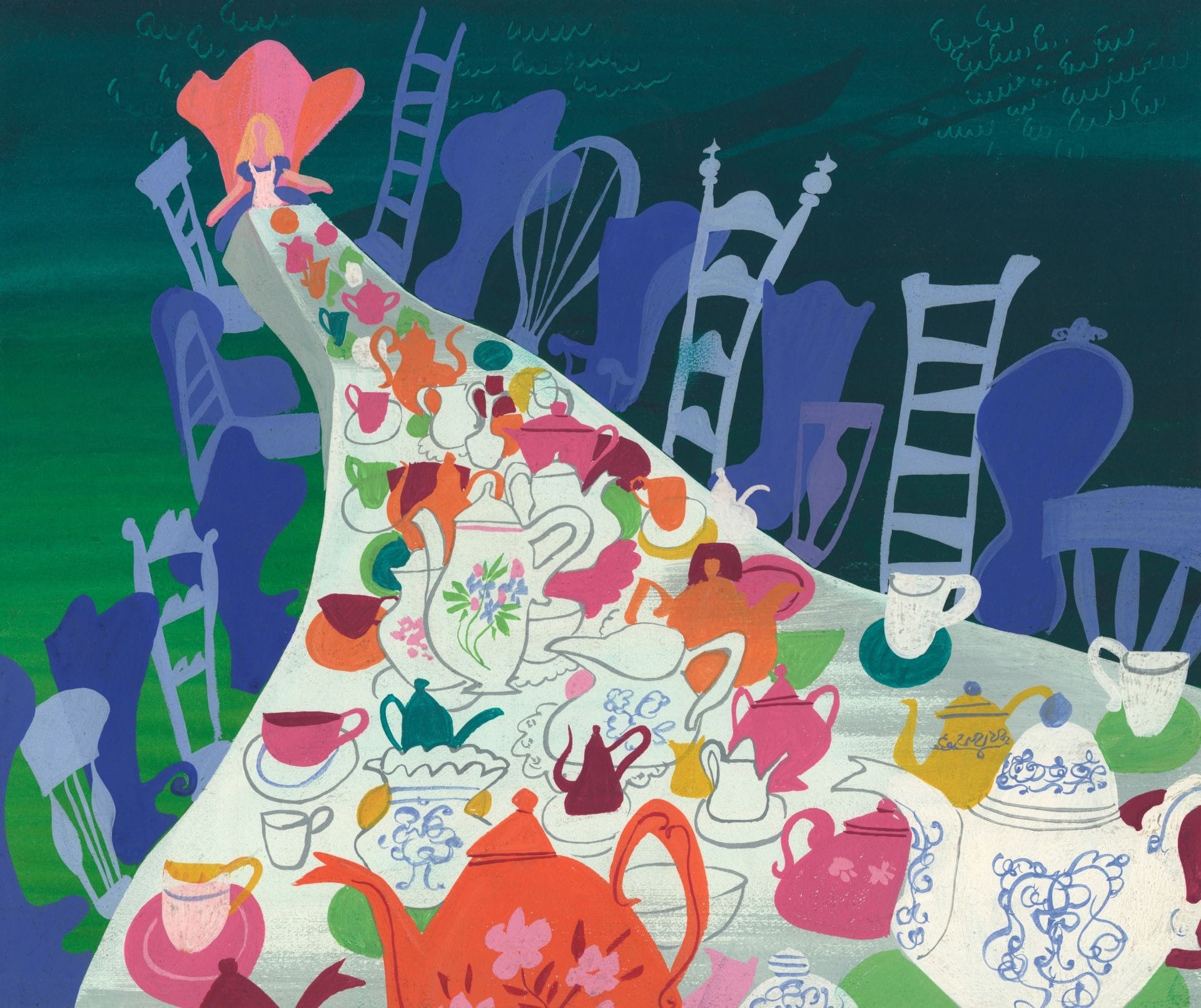 A long table covered with teapots, cups, and saucers winds through colorful, whimsical chairs in a surreal setting.