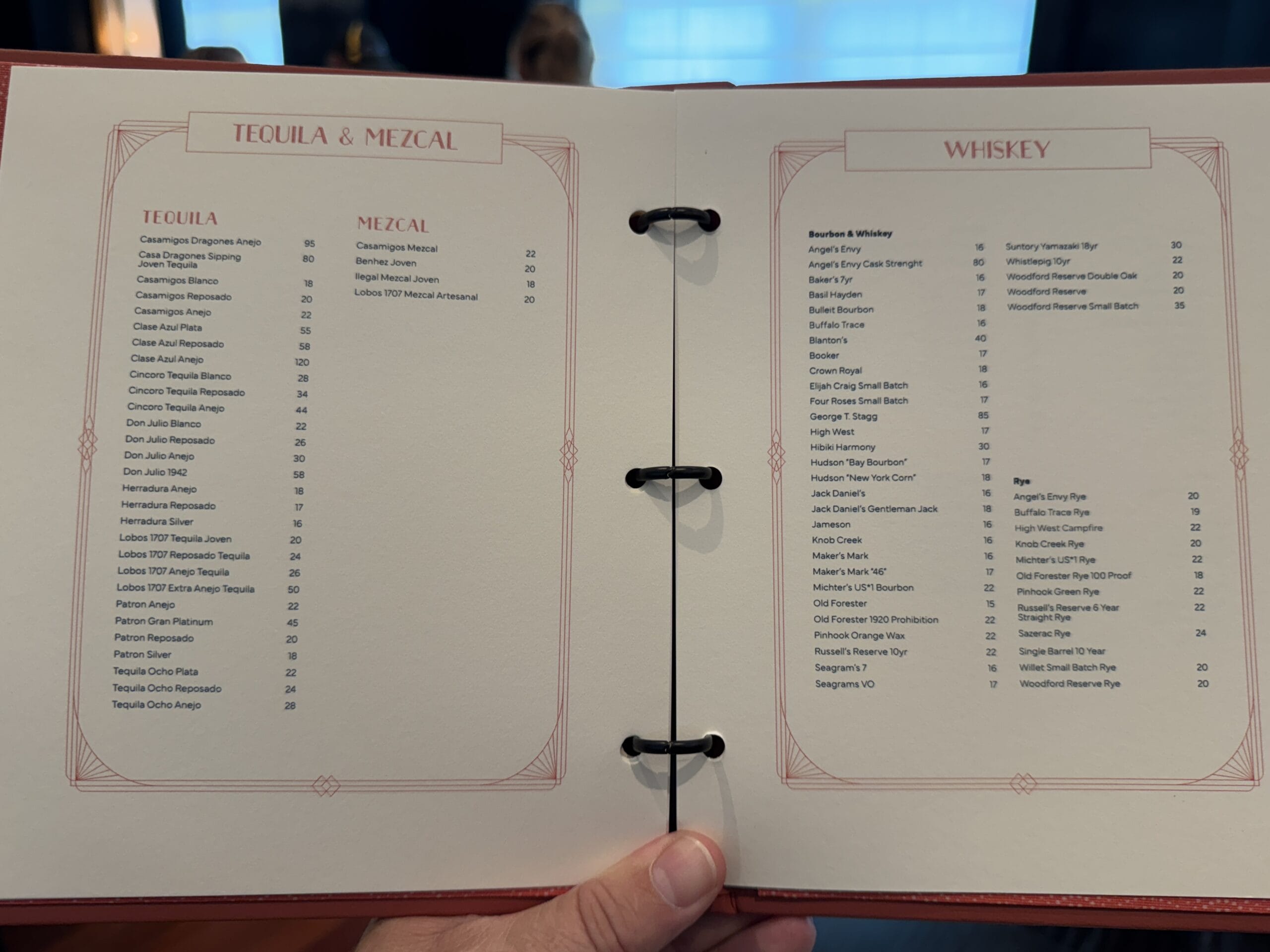 Bourbon Steak Orlando menu of tequilas, mezcals, and whiskeys at Bourbon Steak in the Walt Disney World Dolphin Hotel.