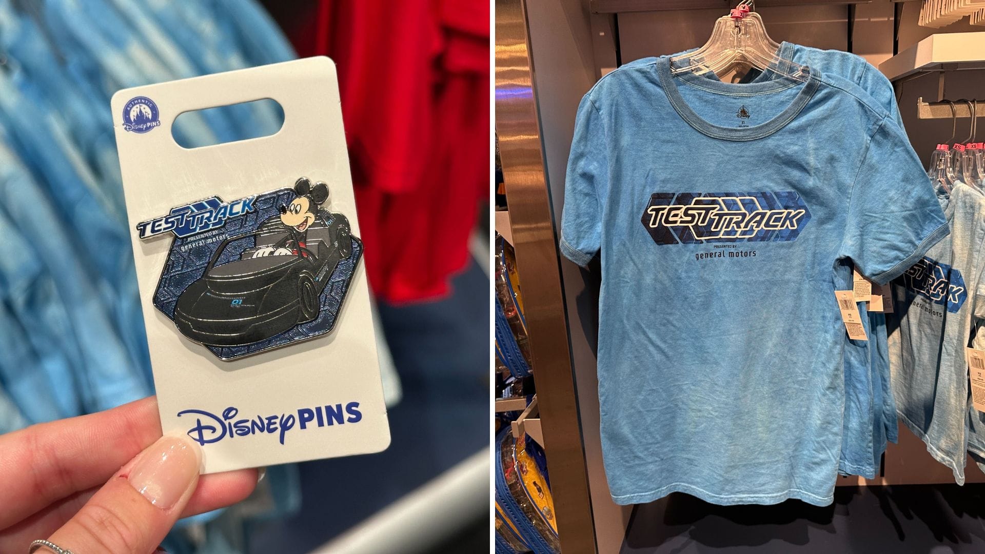 A hand holds a Test Track Disney pin with Mickey Mouse beside a blue EPCOT Test Track t-shirt on display in a store.