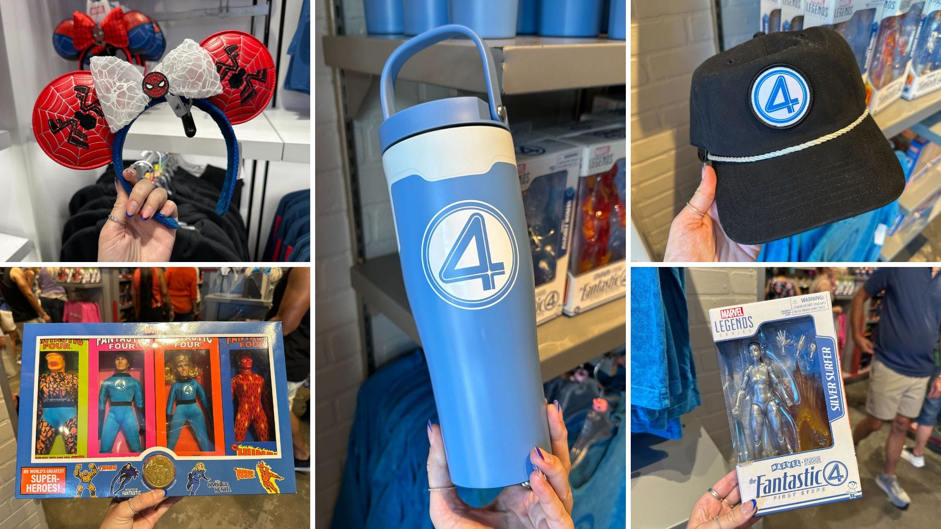Collage of Marvel merchandise at Walt Disney World: Spider-Man ears, Fantastic Four hat, tumbler, and action figures.