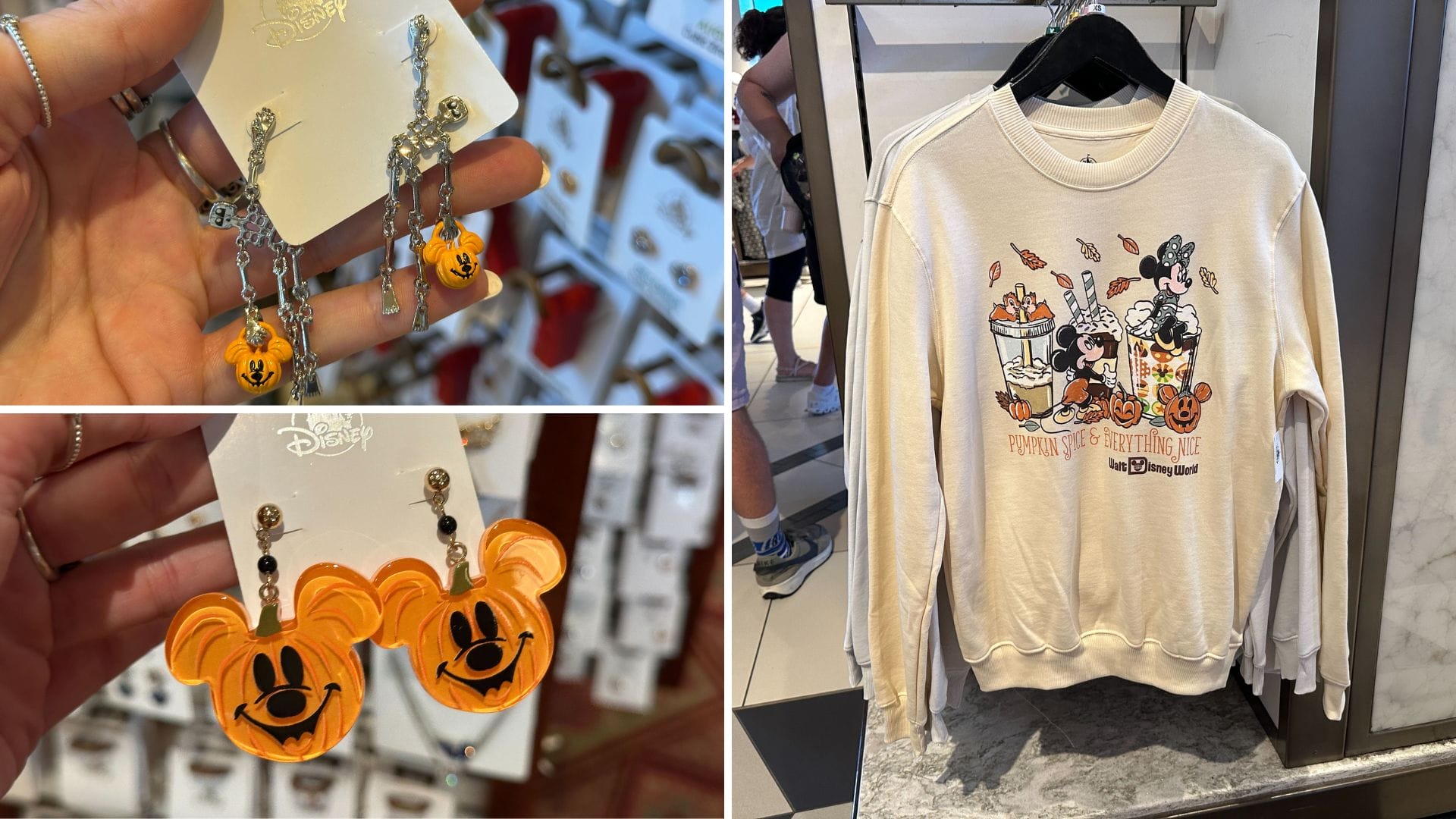 Split image: Halloween Merchandise—Mickey earrings and a Pumpkin Spice Sweatshirt with Mickey, Minnie, and fall treats design.