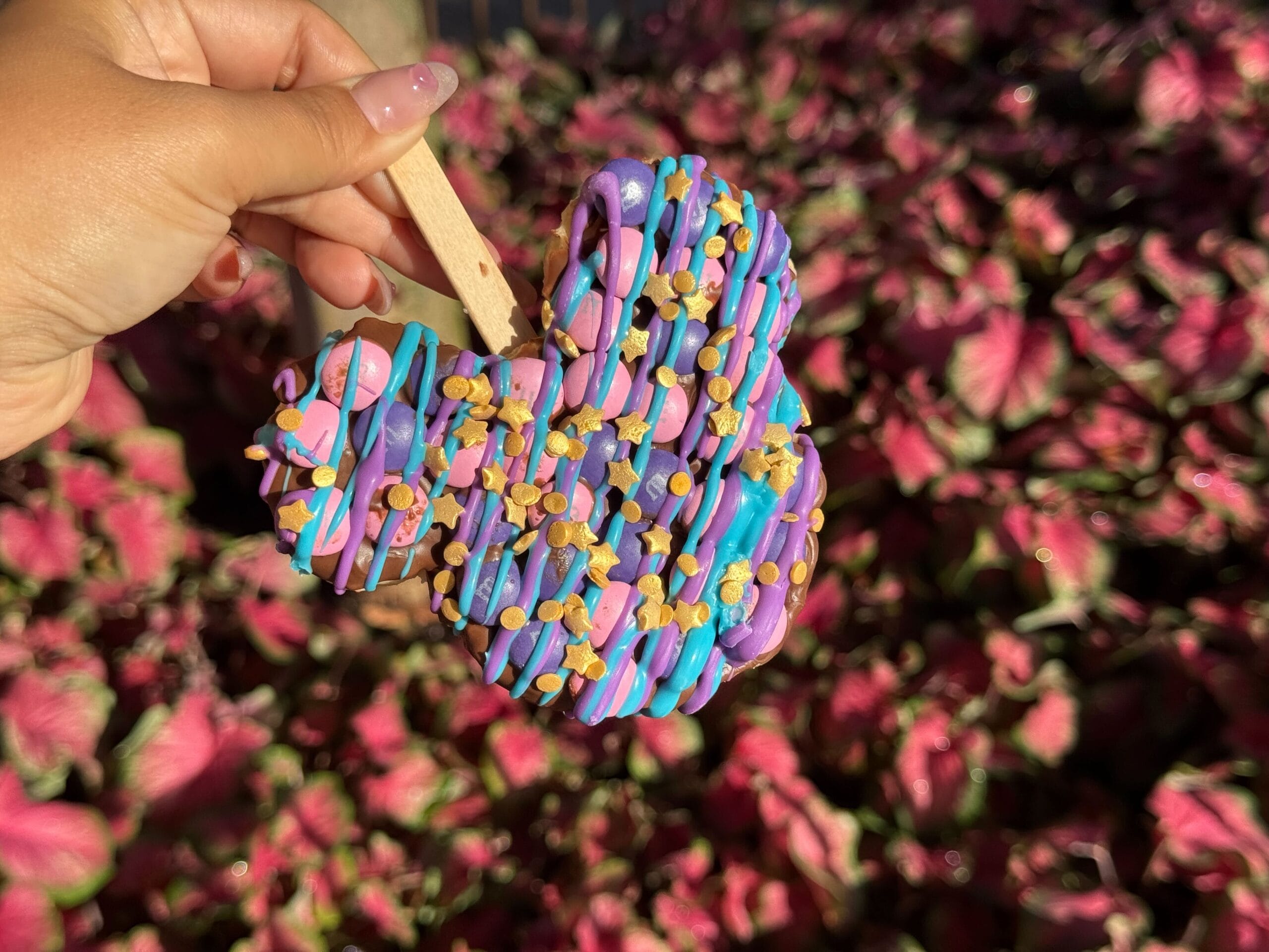 A hand holds a Mickey-shaped treat with colorful icing, Magic Kingdom vibes, and pink foliage in the background.