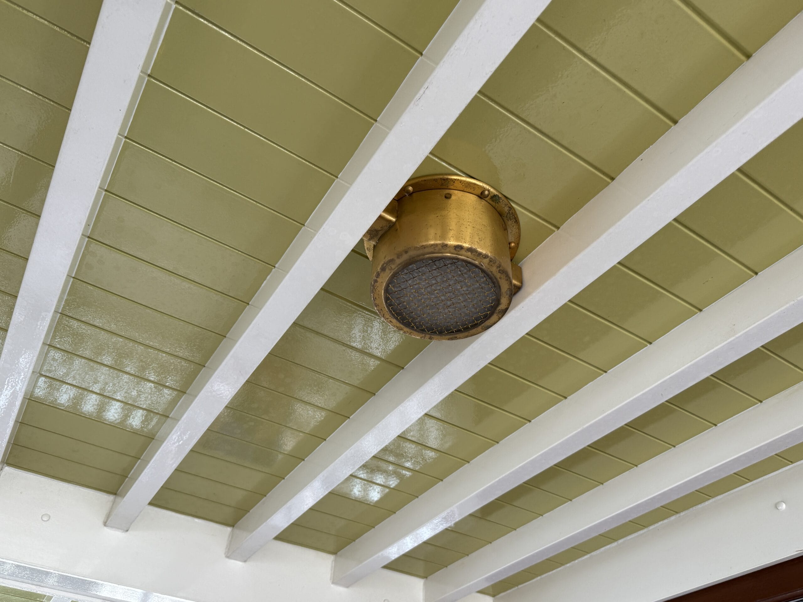 Brass light fixture mounted on a green and white beamed ceiling aboard the Liberty Square Riverboat.