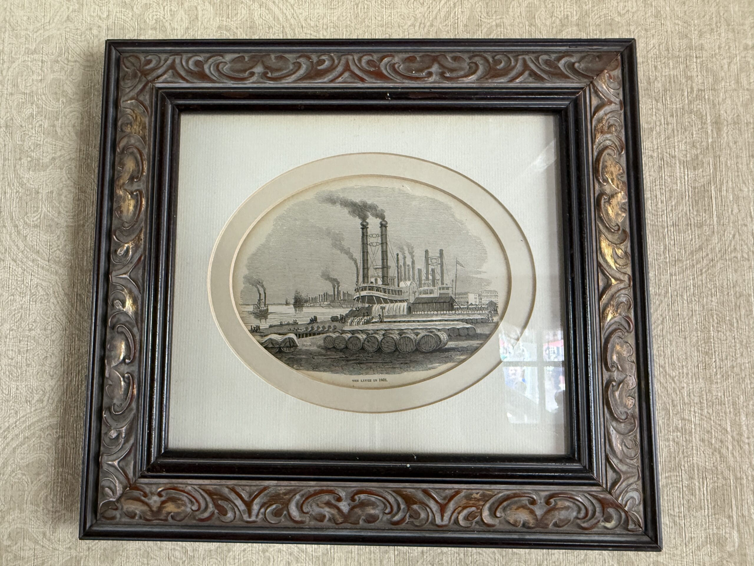 Framed black-and-white illustration of the Liberty Square Riverboat steaming along a river in Magic Kingdom.