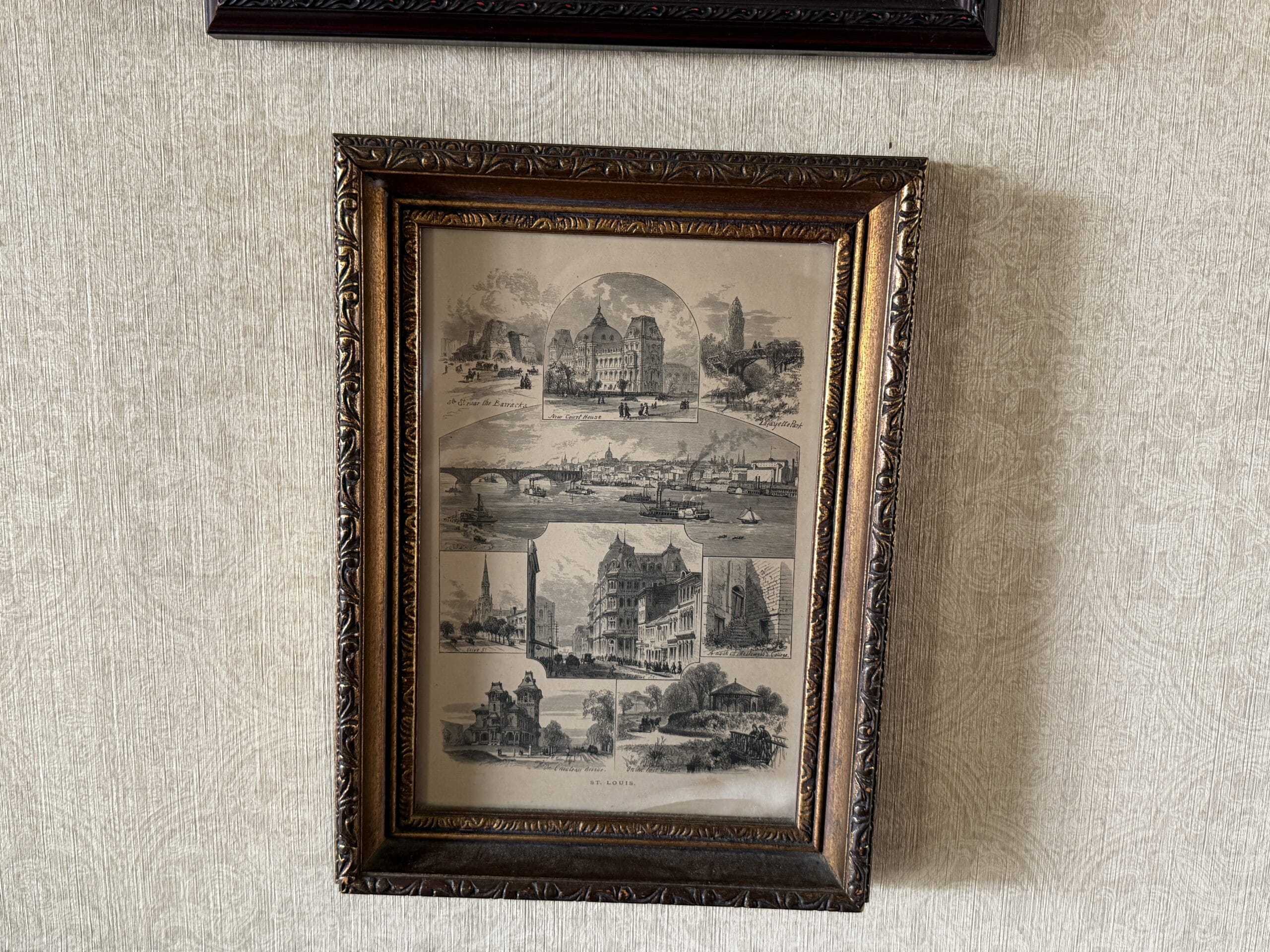 Framed antique illustration with sketches of historic buildings and city scenes, including Magic Kingdom’s Liberty Square Riverboat.