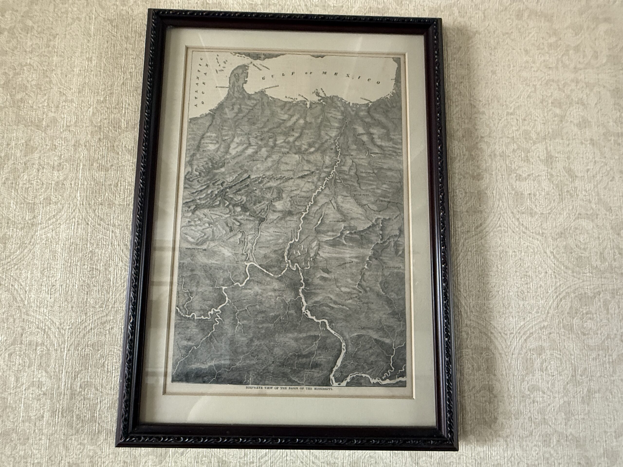 Framed black and white vintage map of Liberty Square Riverboat hanging on a patterned wallpapered wall.