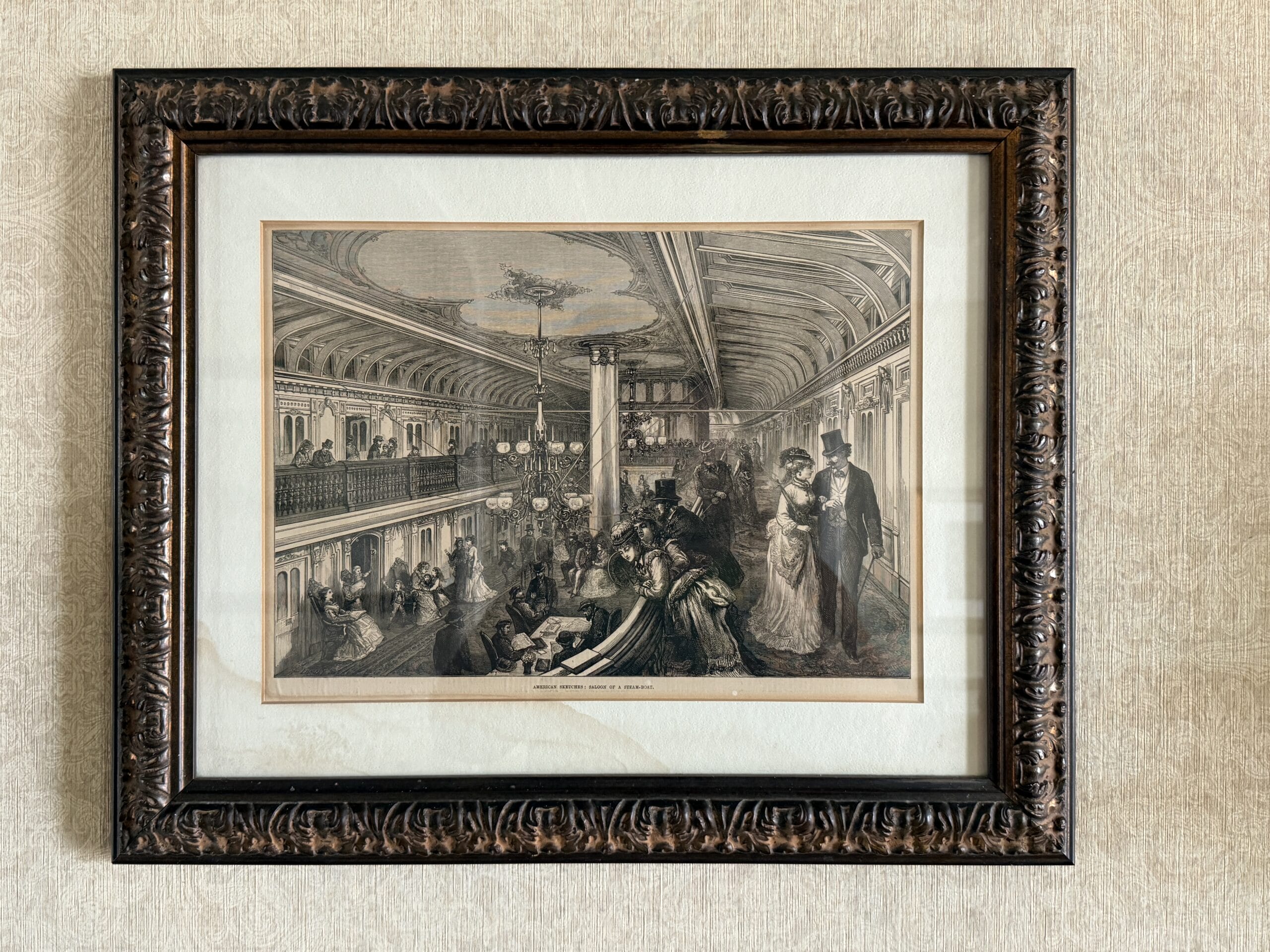 Framed artwork of people in formal attire socializing inside a grand hall, reminiscent of the Magic Kingdom’s elegance.