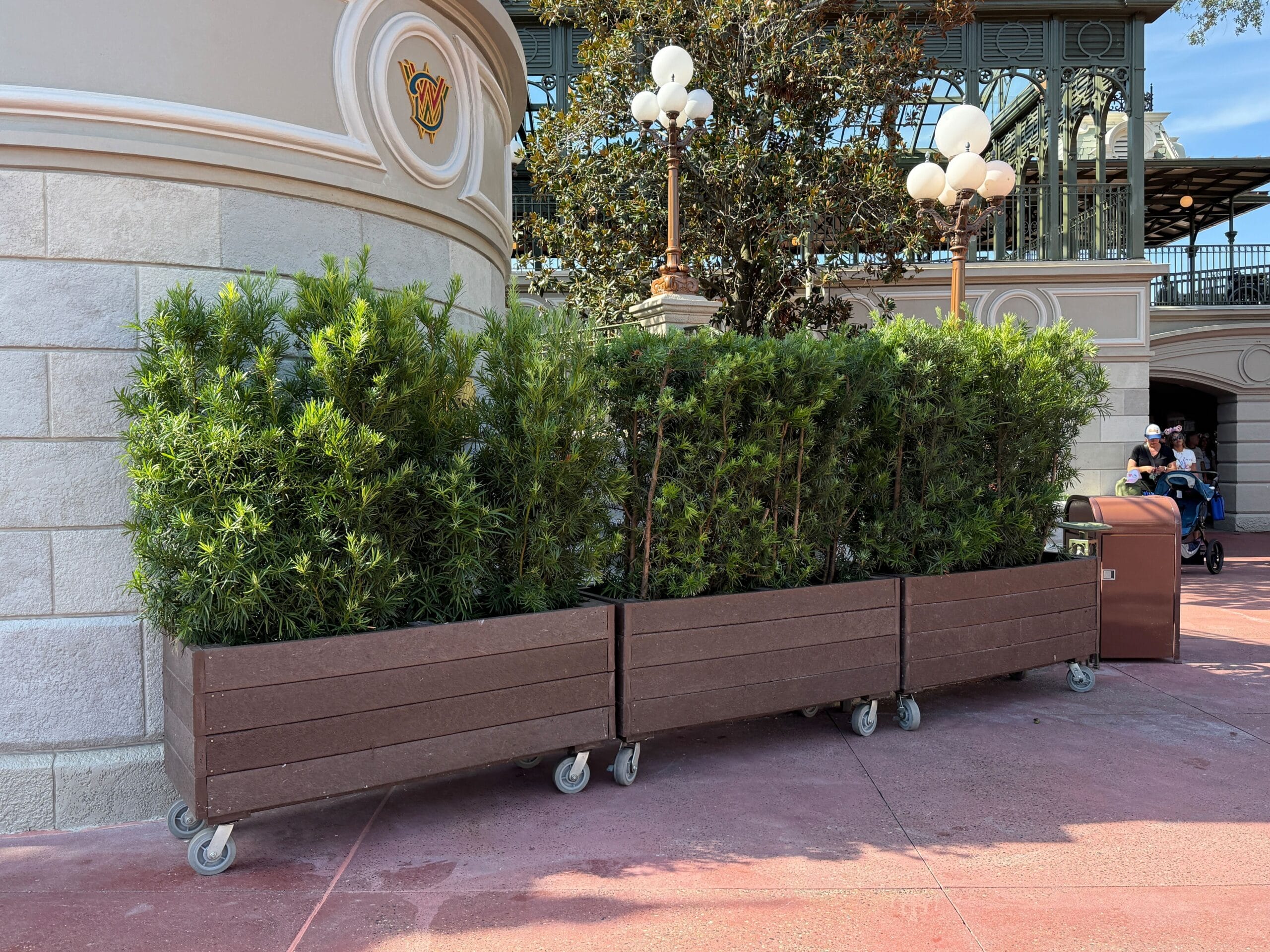 Brown planter boxes with green shrubs on wheels line a sidewalk next to a building at an outdoor location.