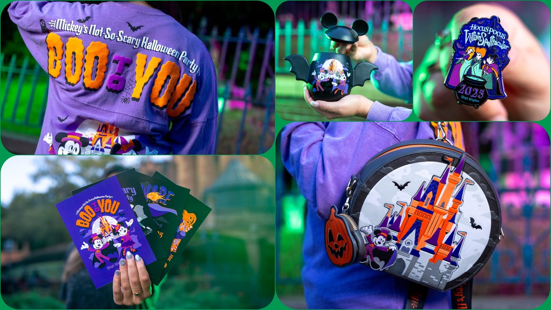 Collage of 2025 Mickey’s Not So Scary Halloween Party merchandise, featuring spooky jackets, bags, cups, pins, and event maps.