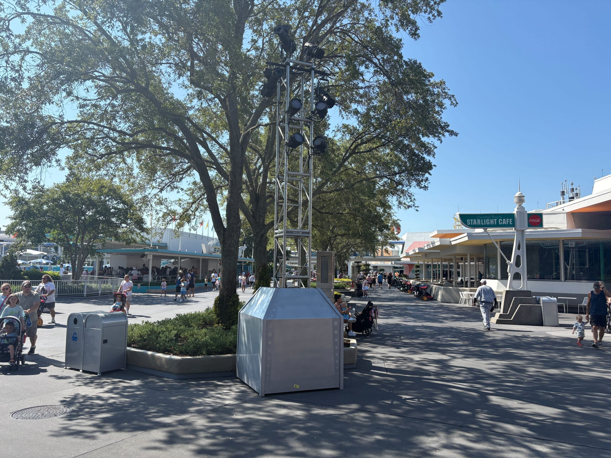 Tomorrowland walkway with new trusses for Mickey's Not-So-Scary Halloween Party.