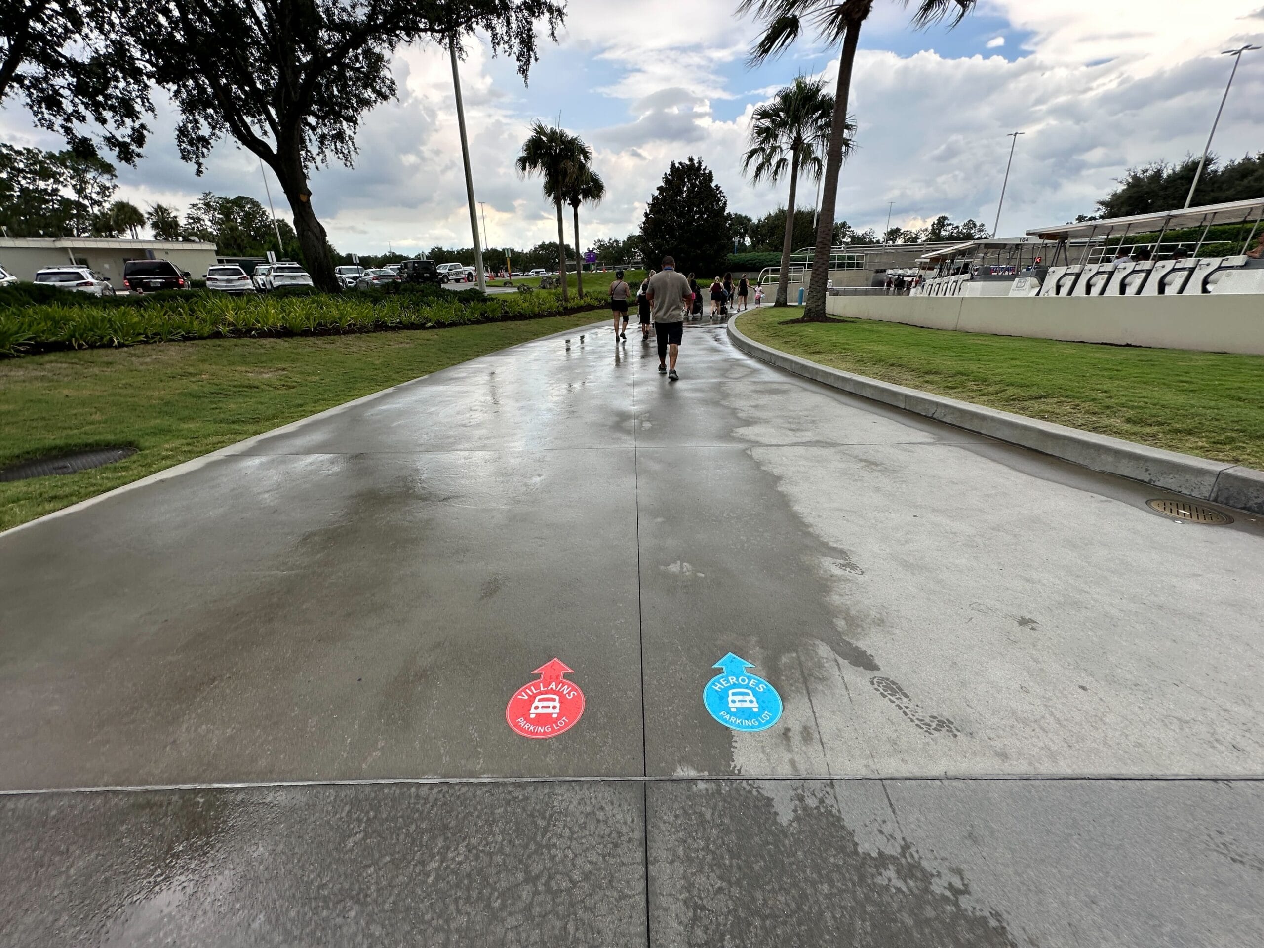 A wet pathway with people walking and red and blue tram stop signs painted on the ground near palm trees.