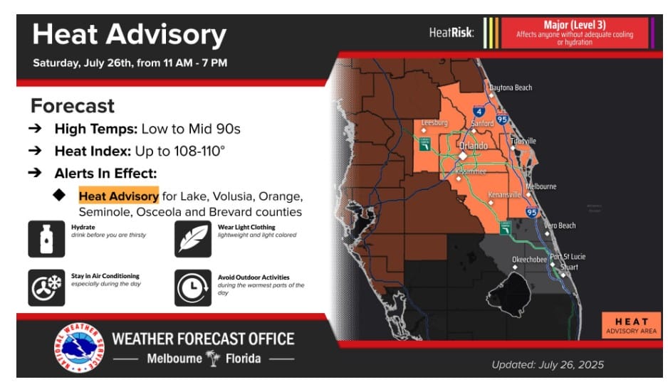 Heat advisory for Central Florida, including Walt Disney World; highs up to 94°F and safety tips shown on a regional map.