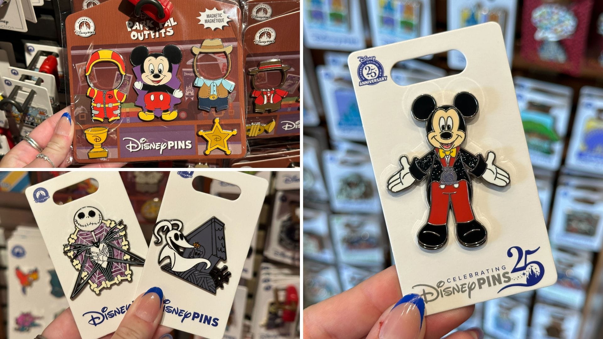 Assorted Disney pins, including Mickey Pins and Nightmare Before Christmas designs, displayed on collectible cards.