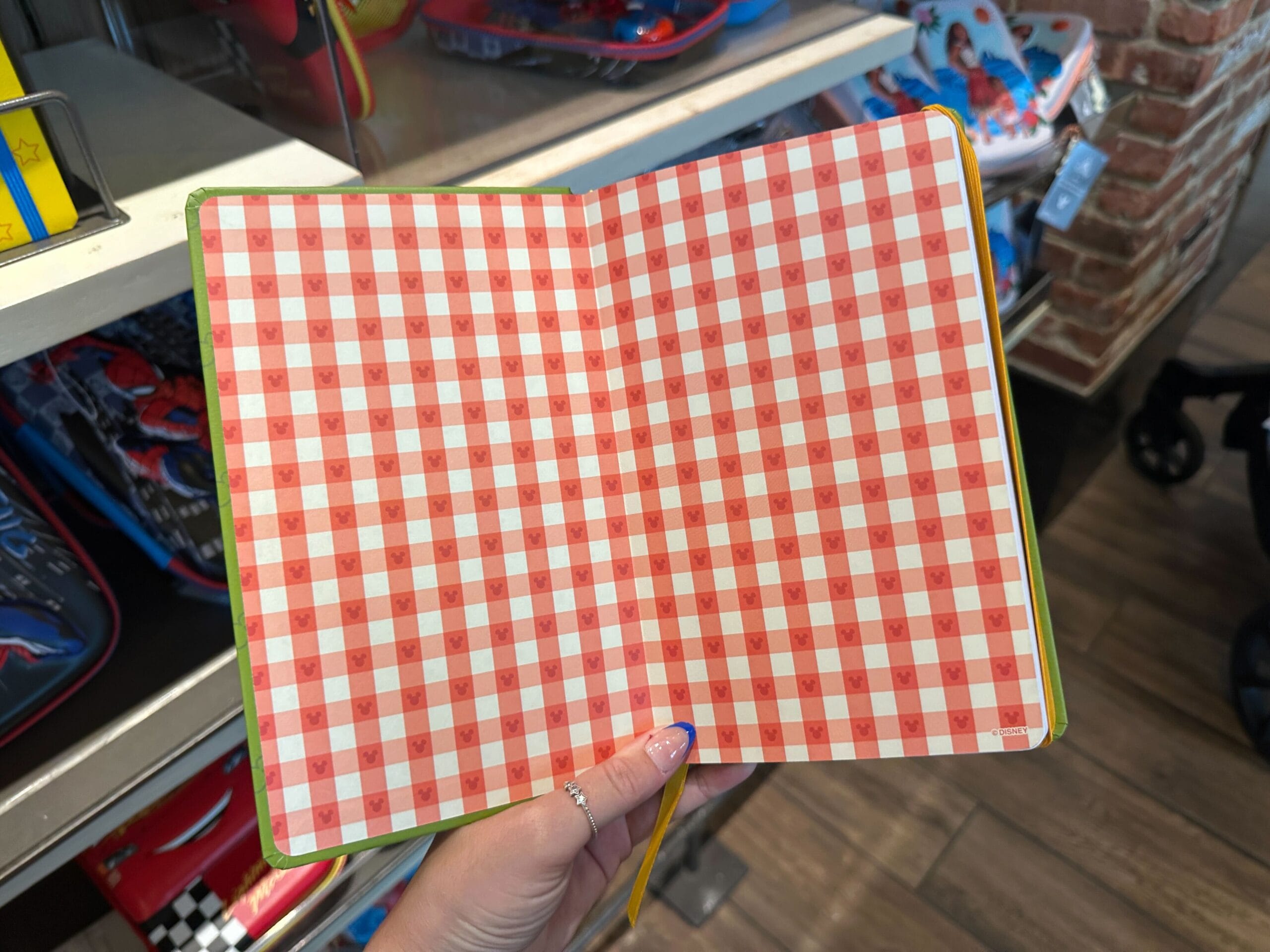 A hand holds open a notebook with red and white checkered pages among shelves of new Disney products.