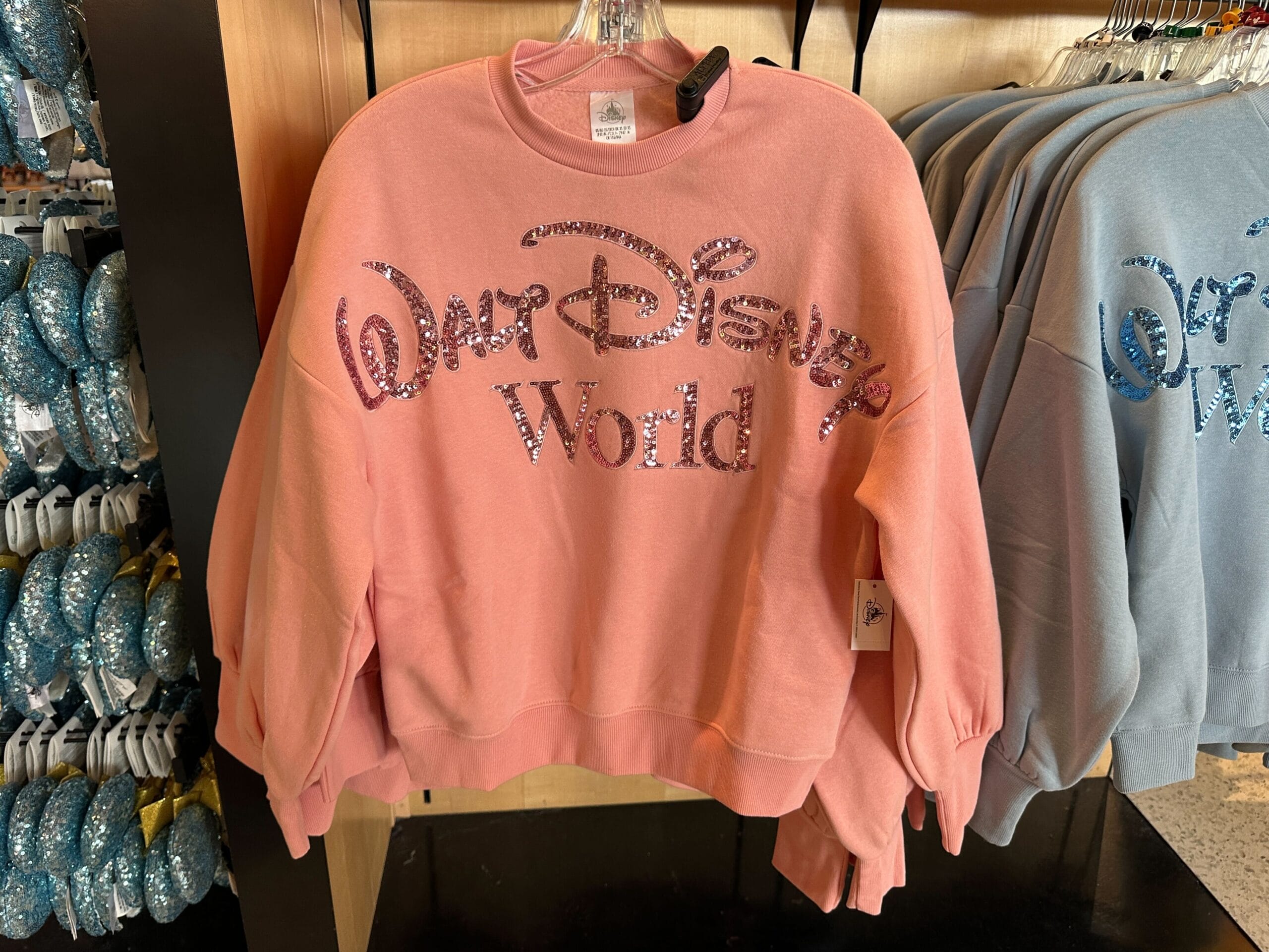 Pink sweatshirt with "Walt Disney World" sparkles—a standout piece of Disney World merchandise on the rack.
