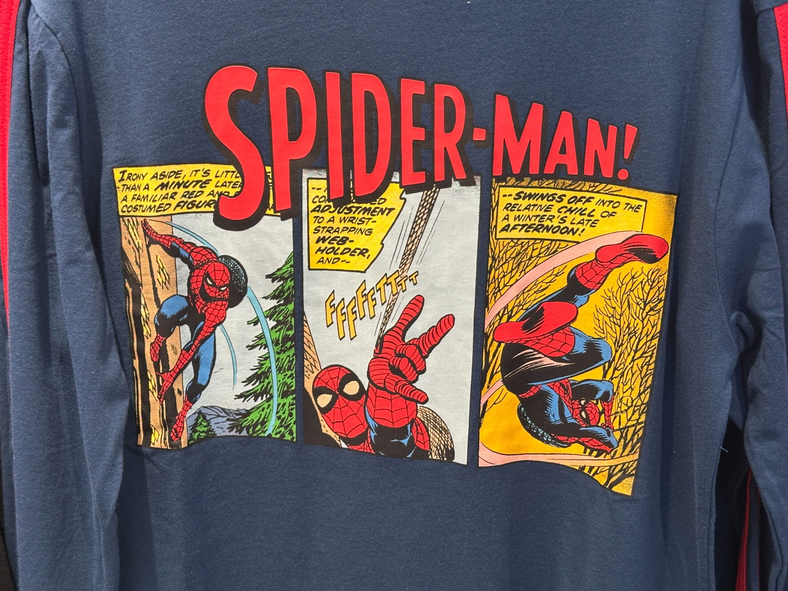 Shirt with three Spider-Man comic panels, part of official Marvel merchandise, with bold "SPIDER-MAN!" text above.
