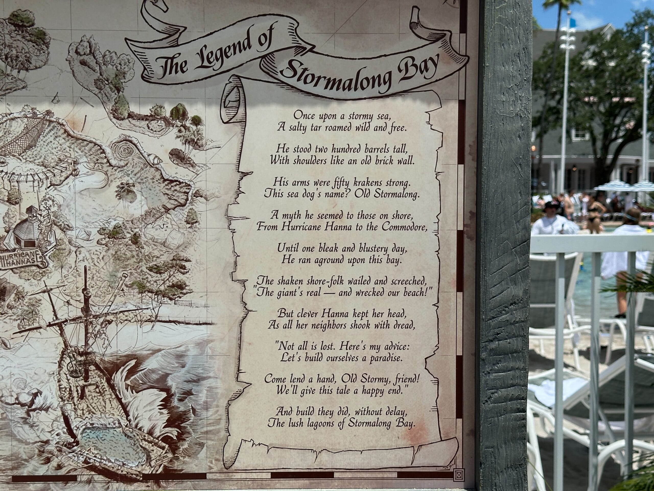 A sign titled "The Legend of Stormalong Bay" stands near the pool at Disney's Yacht Club, showing a poem and map.