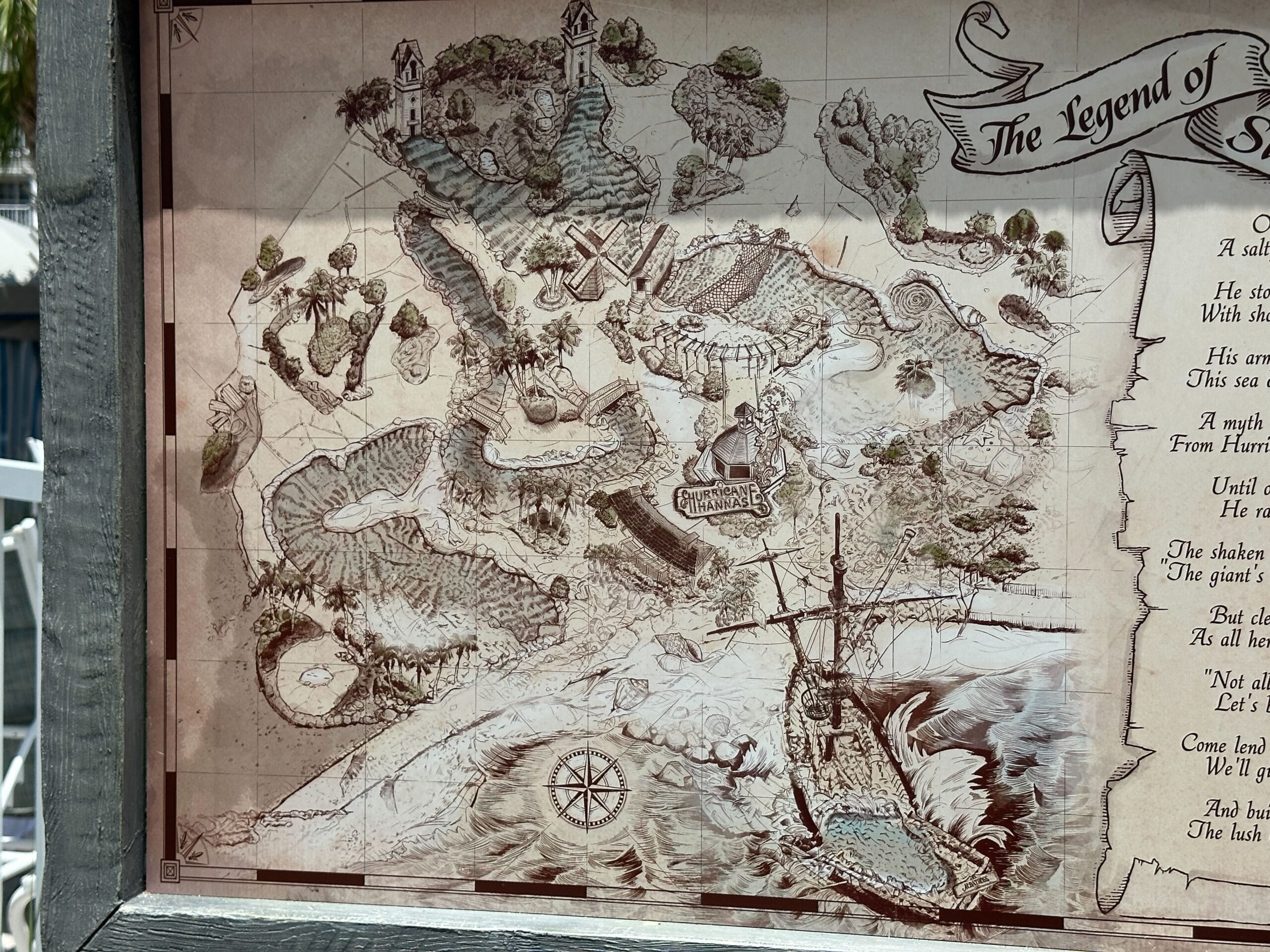 A detailed illustrated treasure map with landmarks, a shipwreck, compass rose, and Disney's Yacht Club title visible.