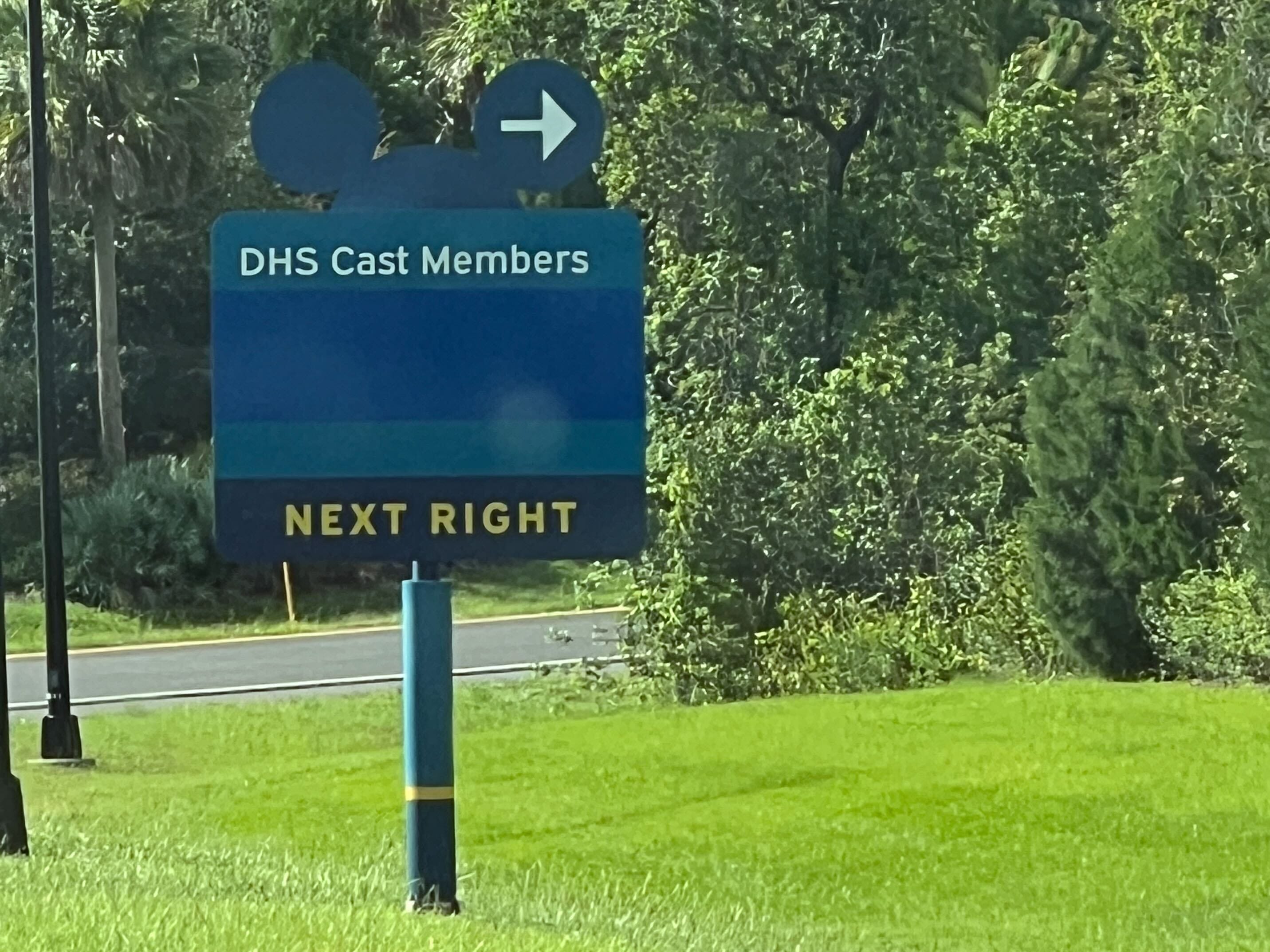 Blue sign with Mickey ears silhouette says "DHS Cast Members, Next Right," with an arrow pointing right, by a grassy road.