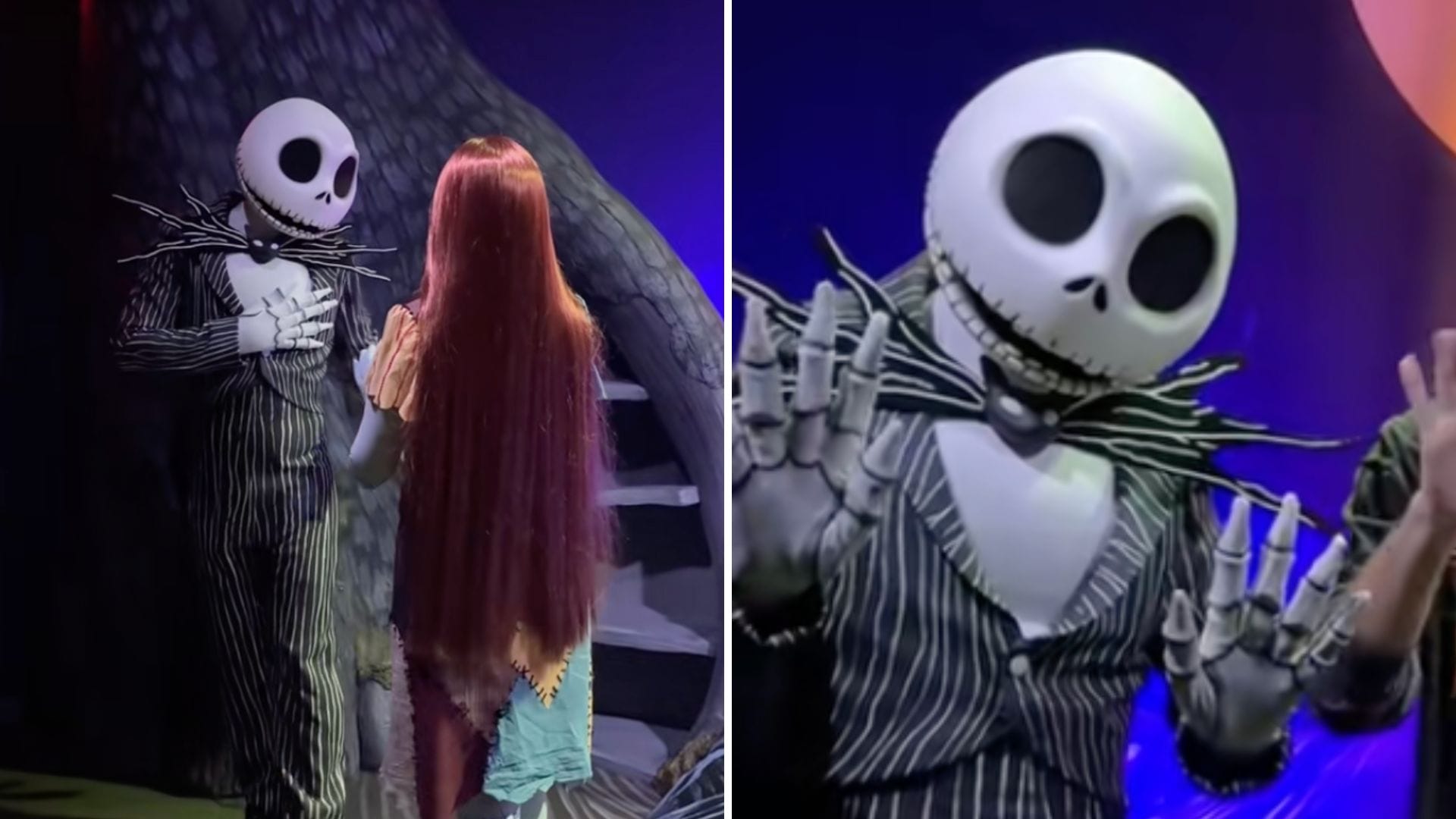 Split image: Left, Jack Skellington faces Sally. Right, Jack Skellington in a New Look waves both hands, close-up view.