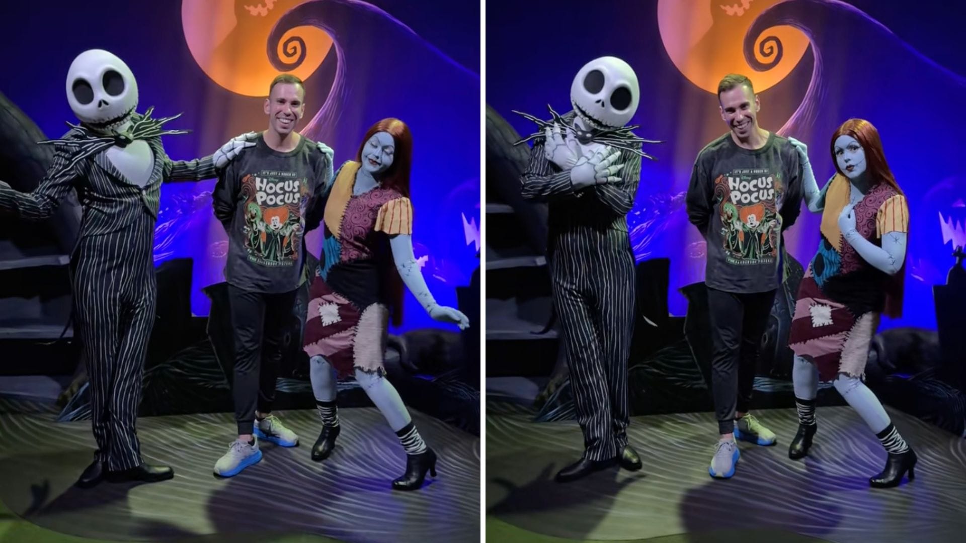 A person enjoys a meet and greet with Jack Skellington and Sally in front of a spooky, purple-lit backdrop.