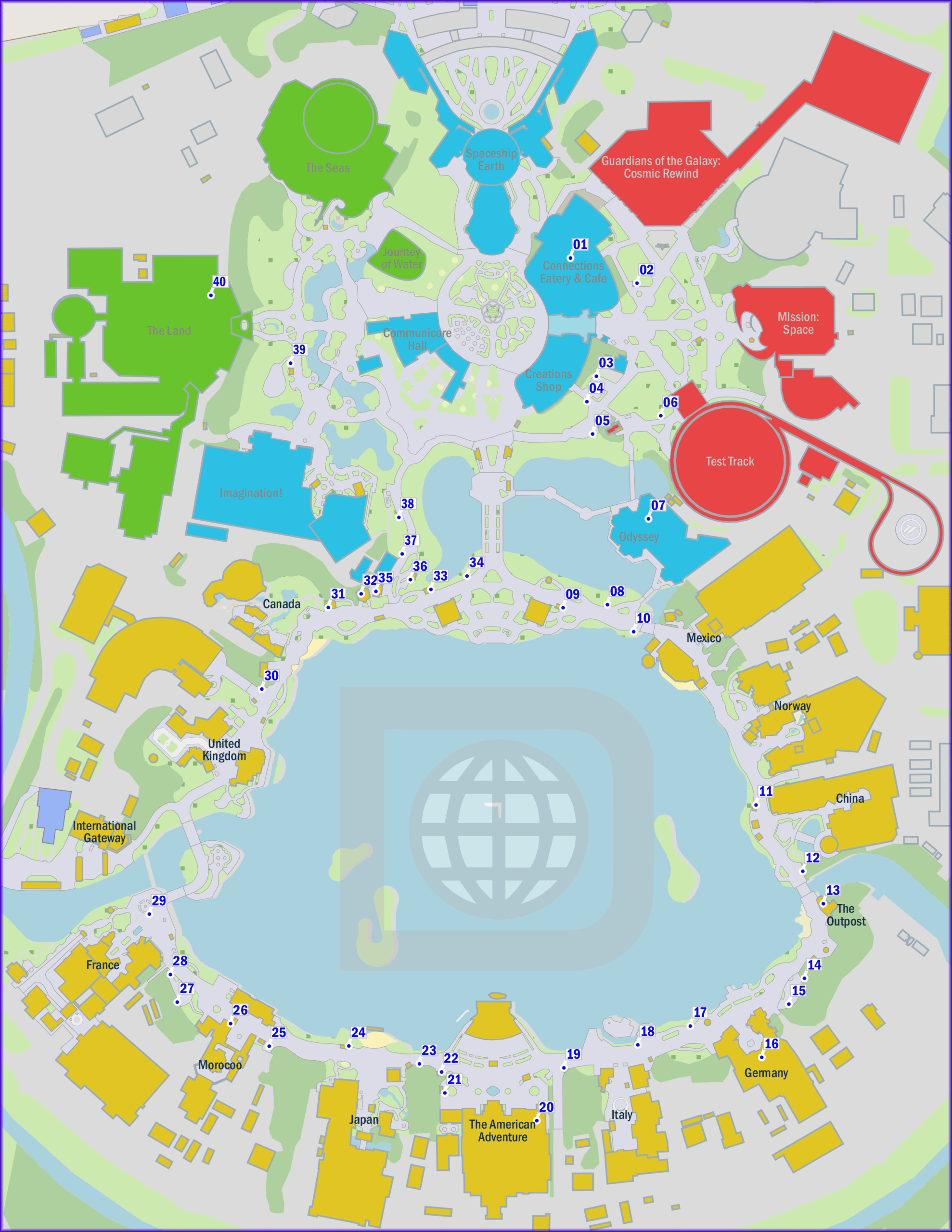 Colorful map of Epcot theme park, highlighting pavilions, attractions, and New Food & Wine spots around the World Showcase lagoon.