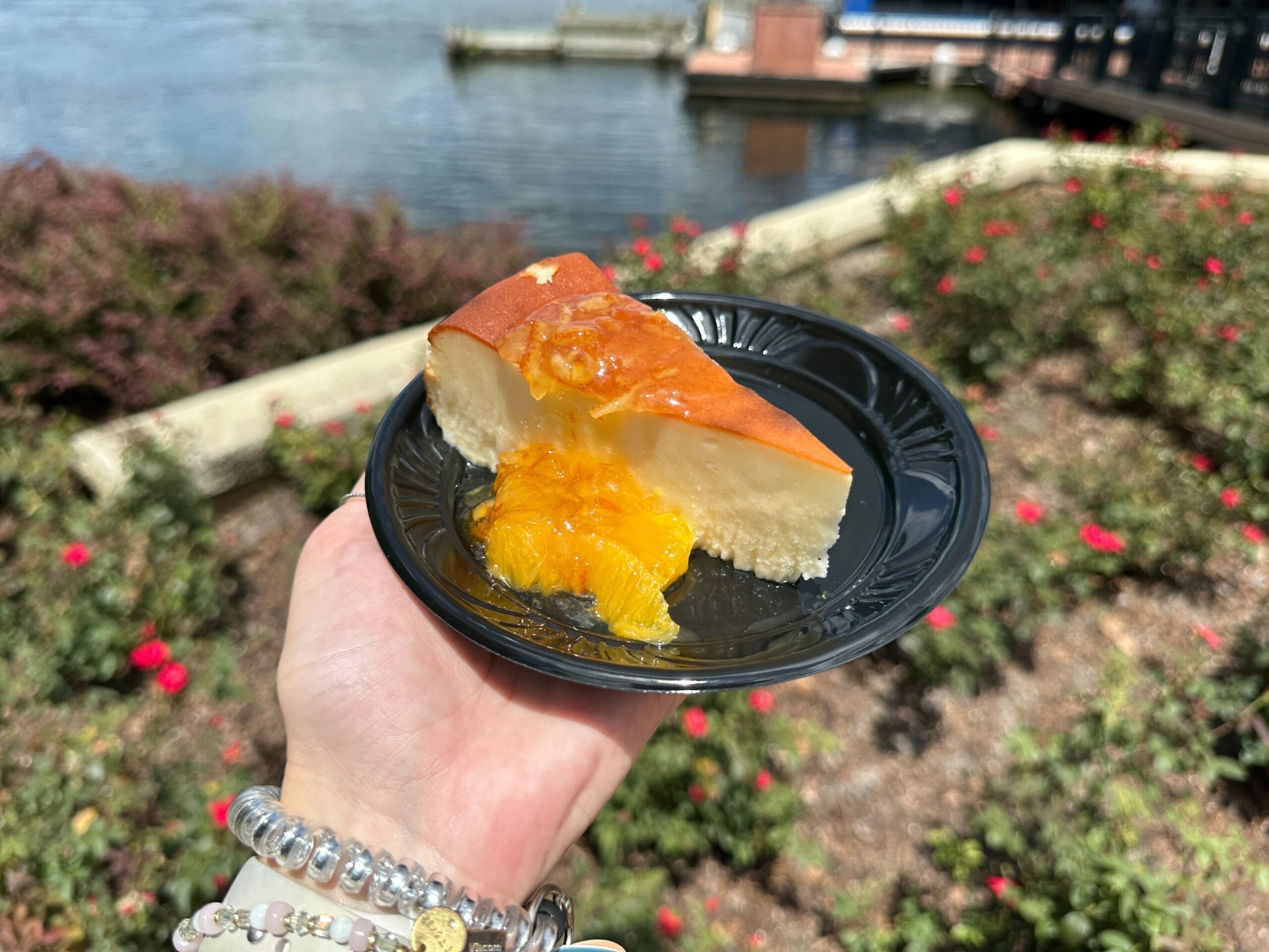 A hand holds a black plate with cheesecake and orange sauce, perfect for a Food & Wine moment by the water and flowers.