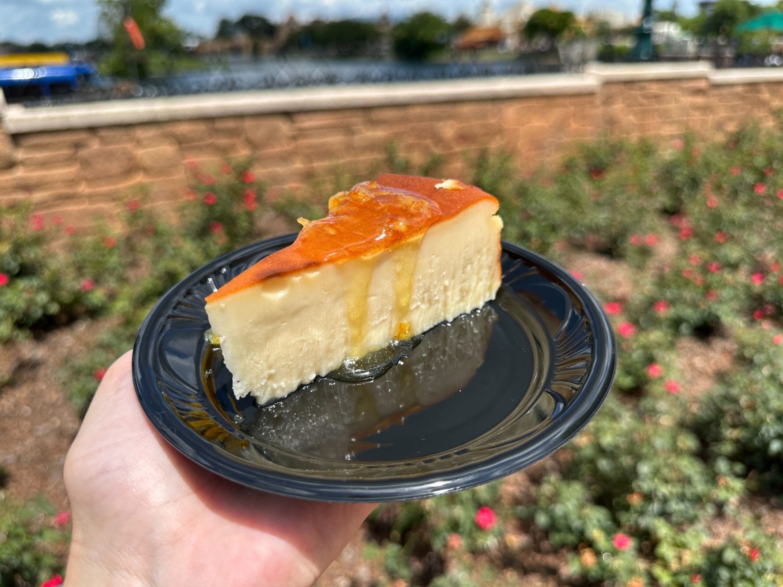 A hand holds a slice of cheesecake with caramel sauce on a black plate, outdoors near a Food & Wine garden.