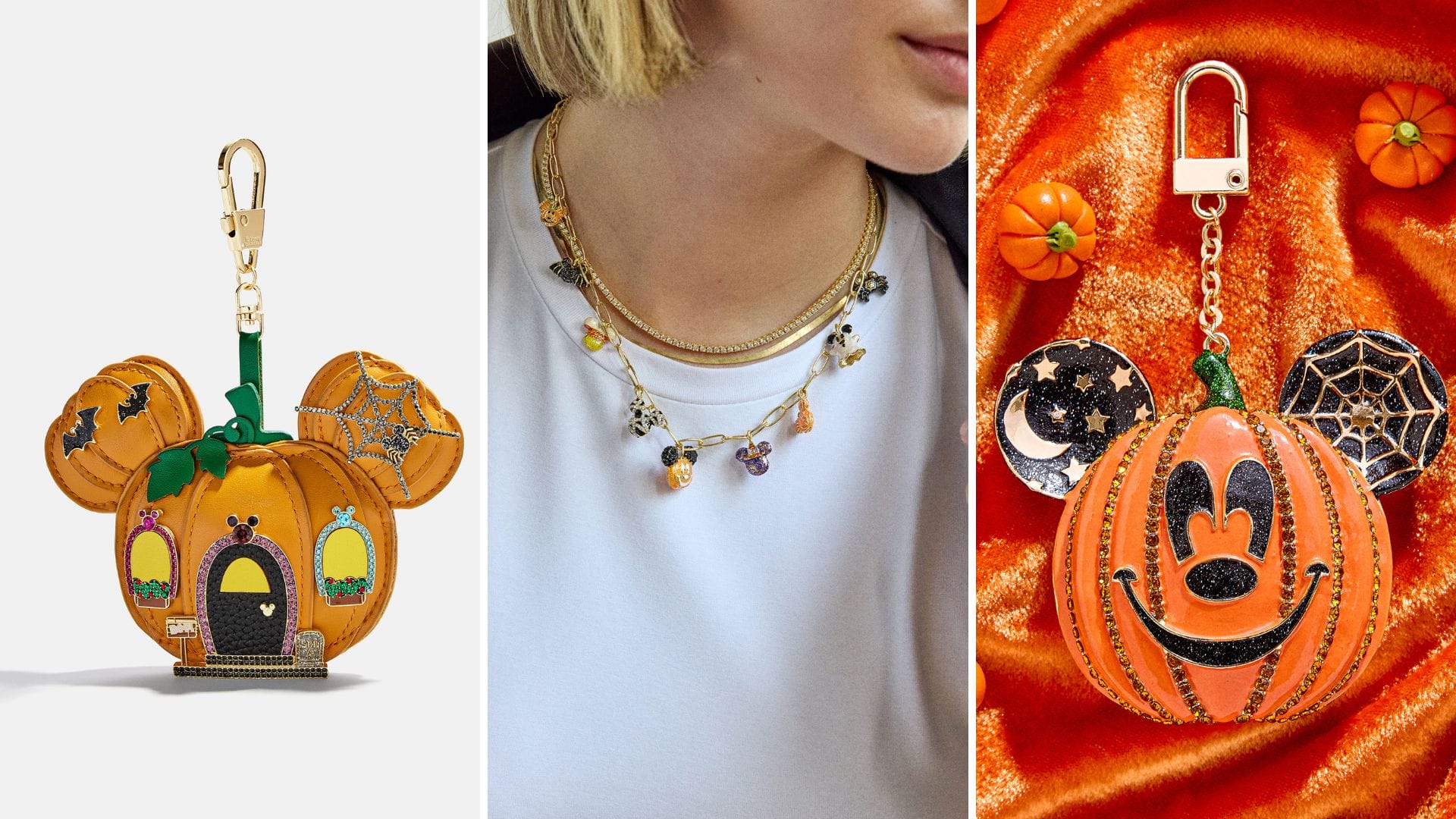 Three images: Mickey Mouse pumpkin keychains with Halloween ears and a woman wearing BaubleBar Disney Halloween jewelry.