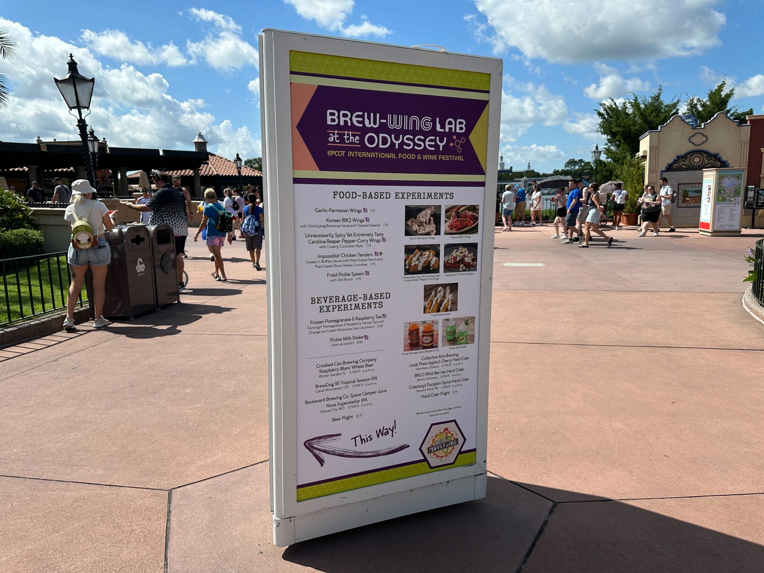 A sign outdoors displays the New Food & Wine Brew-Wing Lab menu for a festival, with people walking in the background.