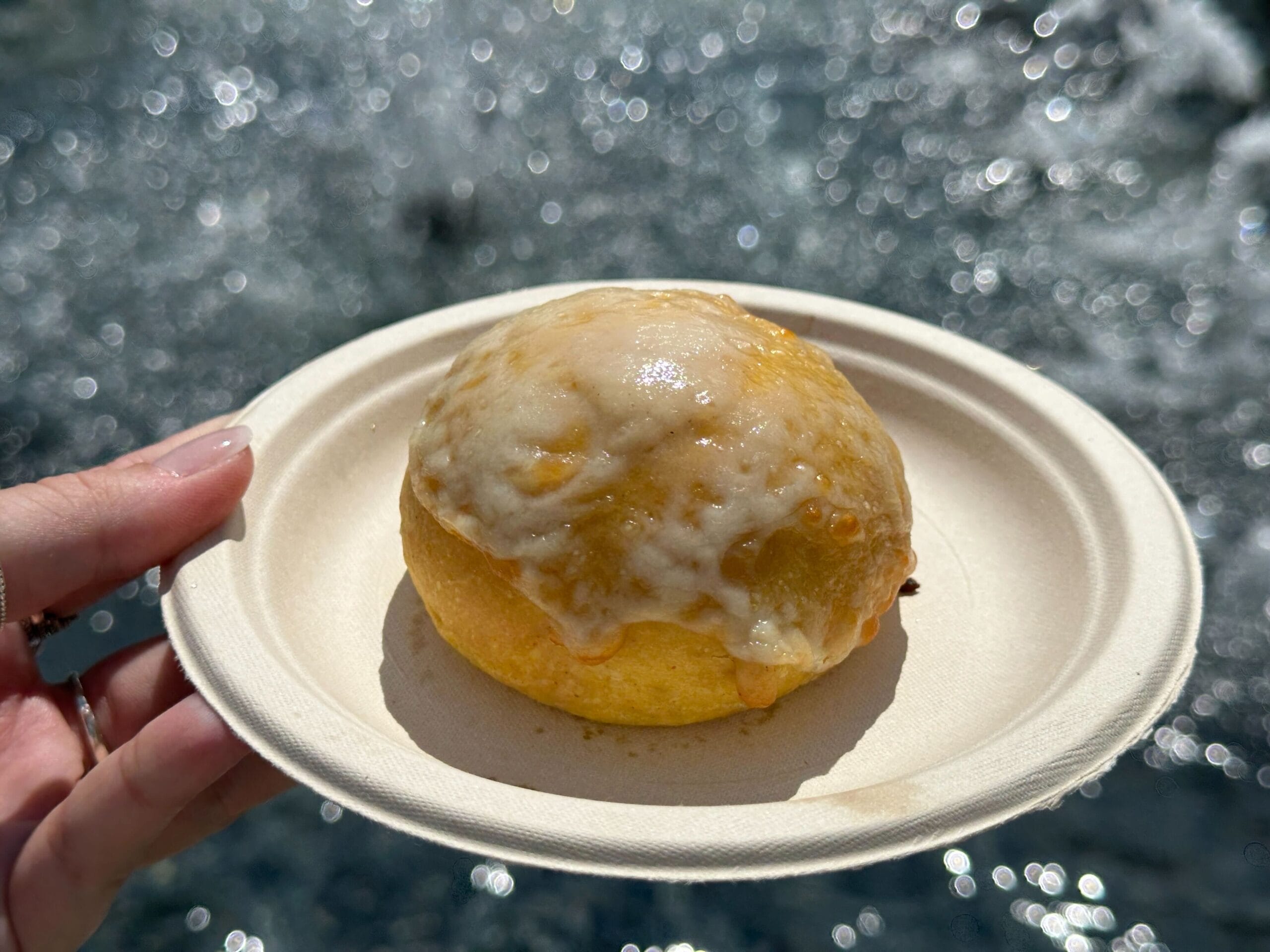 A hand holds a plate with a glazed pastry in sunlight, evoking Food & Wine vibes amid a sparkling, blurred background.
