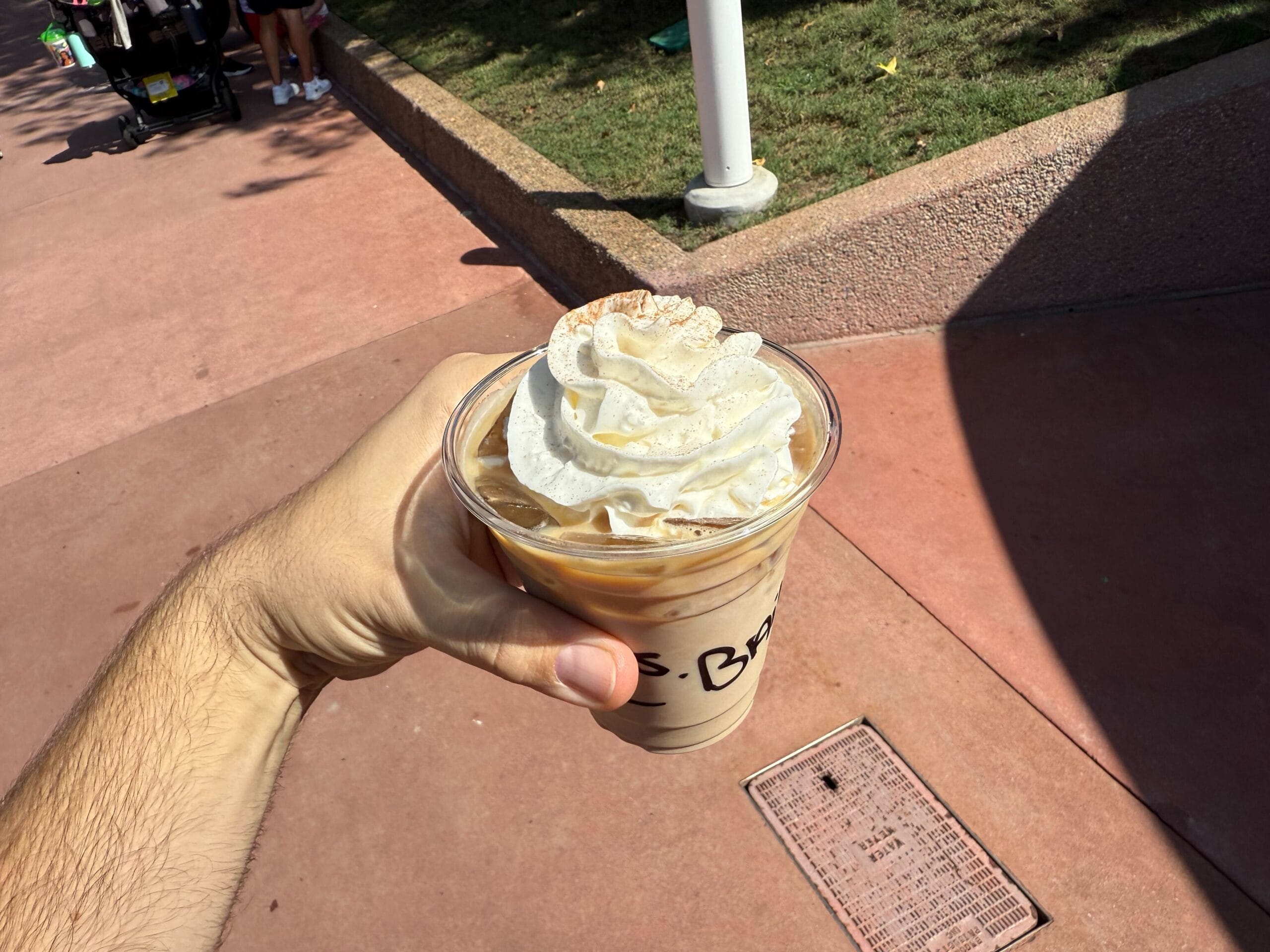 A hand holds an iced coffee topped with whipped cream and cinnamon, perfect for a sunny stroll at New Food & Wine.